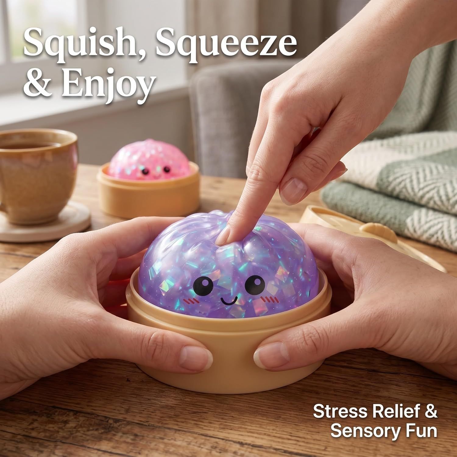 Glitter Dumpling Squishy Toy Dumpling Stress Ball with Steamer Case, Stress Relief Fidget Toy for Adults, Cute Squeeze Desk Toy Portable Toy Gift Idea (Shimmer Pink) - Image 6