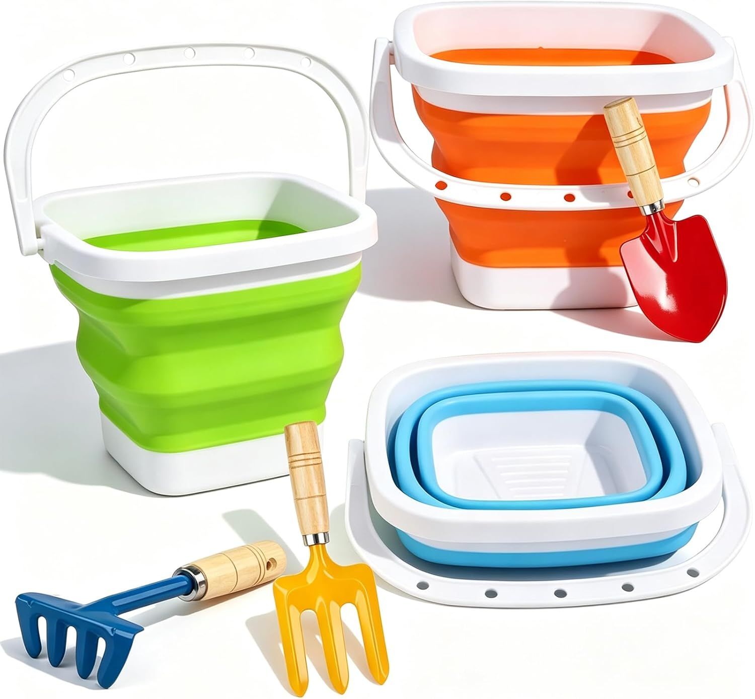 Collapsible Beach Bucket with Metal Shovels Set, Beach Toys Gifts for Adults, ABS Foldable Pails for Pool, Camping, Easter Party, Fishing, Summer Winter Activities 6PCS - Image 1