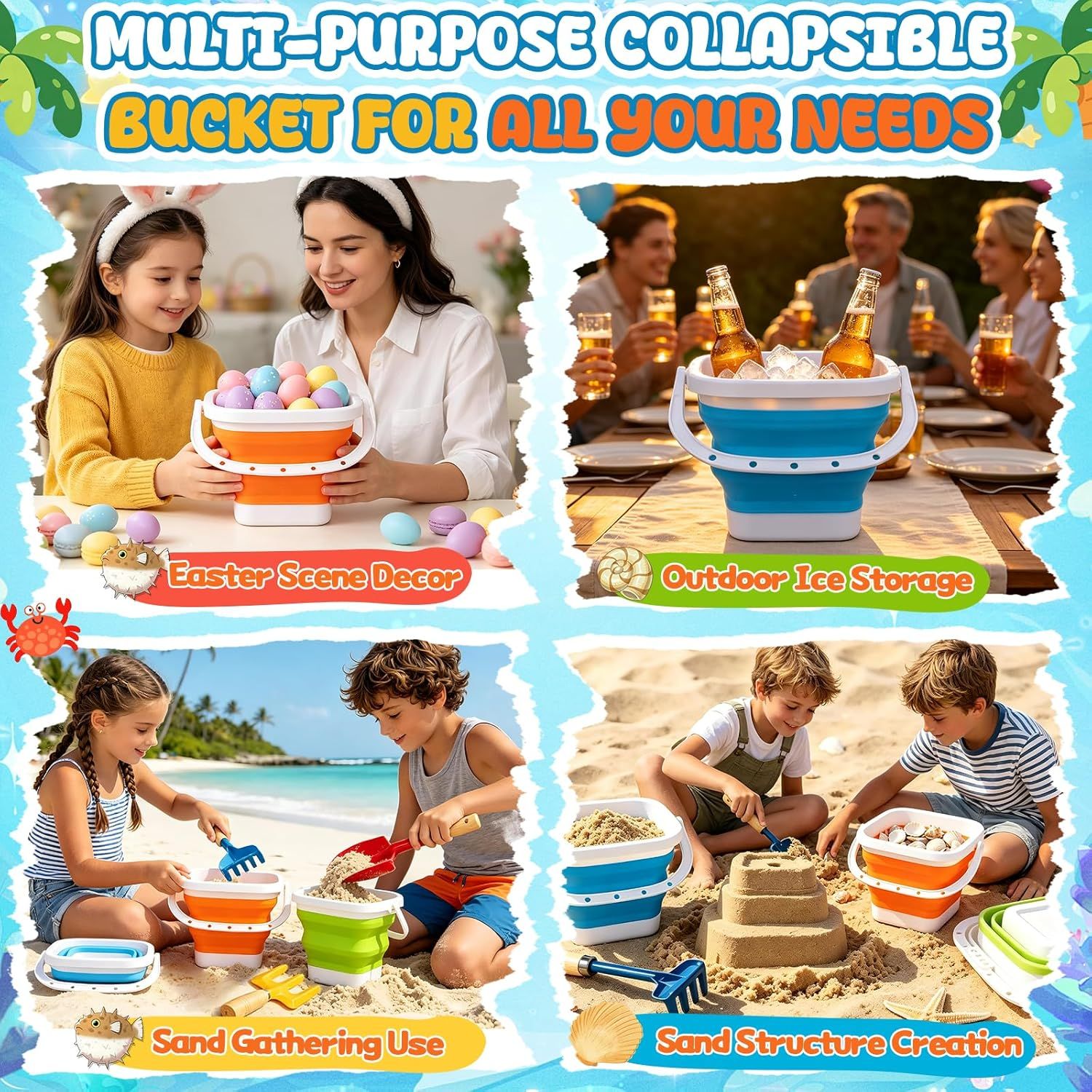 Collapsible Beach Bucket with Metal Shovels Set, Beach Toys Gifts for Adults, ABS Foldable Pails for Pool, Camping, Easter Party, Fishing, Summer Winter Activities 6PCS - Image 5