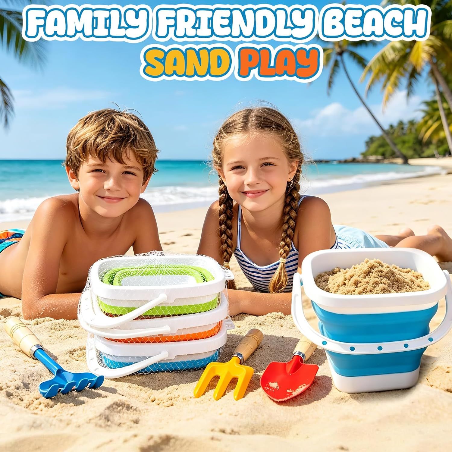 Collapsible Beach Bucket with Metal Shovels Set, Beach Toys Gifts for Adults, ABS Foldable Pails for Pool, Camping, Easter Party, Fishing, Summer Winter Activities 6PCS - Image 6