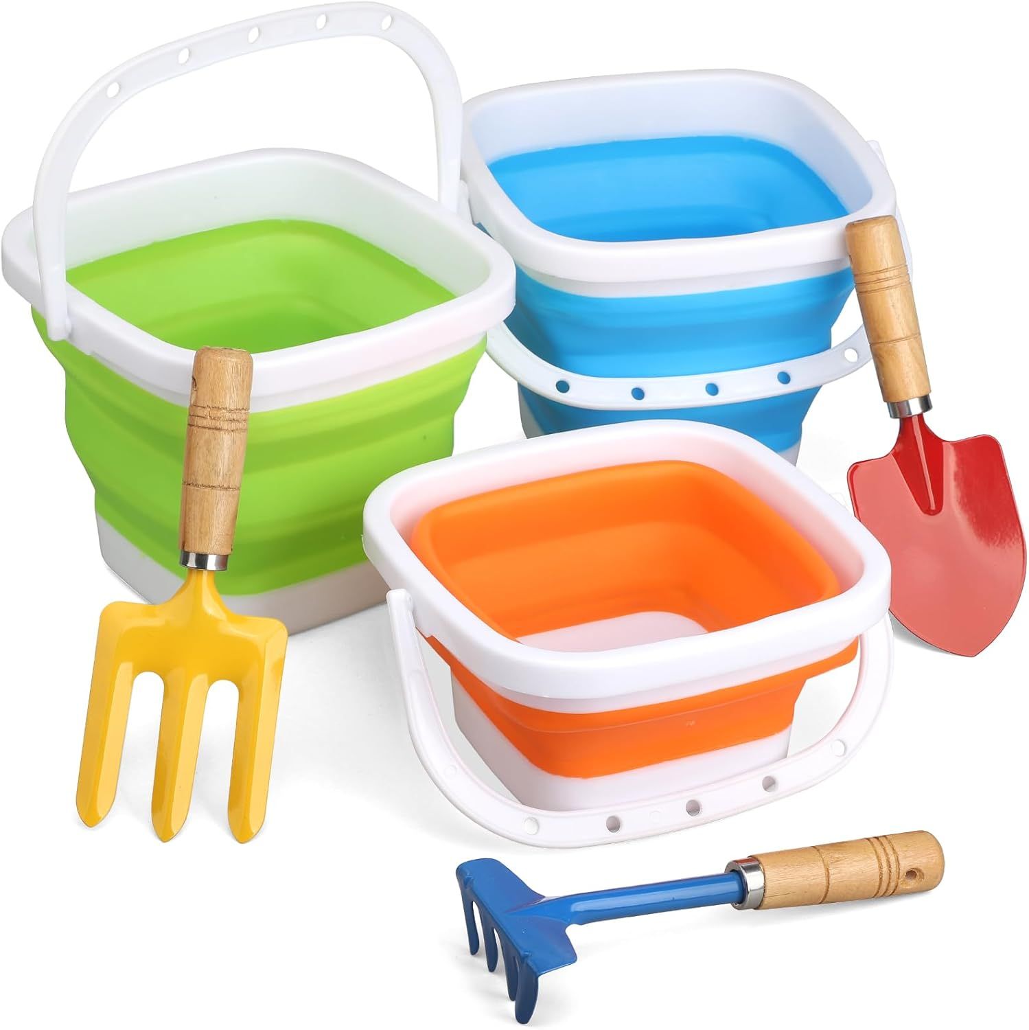 Gardening Tools Set Foldable Beach Bucket with Metal Shovels for Adults, Collapsible Pails Sand Bucket for Basket Camping Outdoor Gardening Fishing, Essential Travel Gadget 6PCS - Image 2