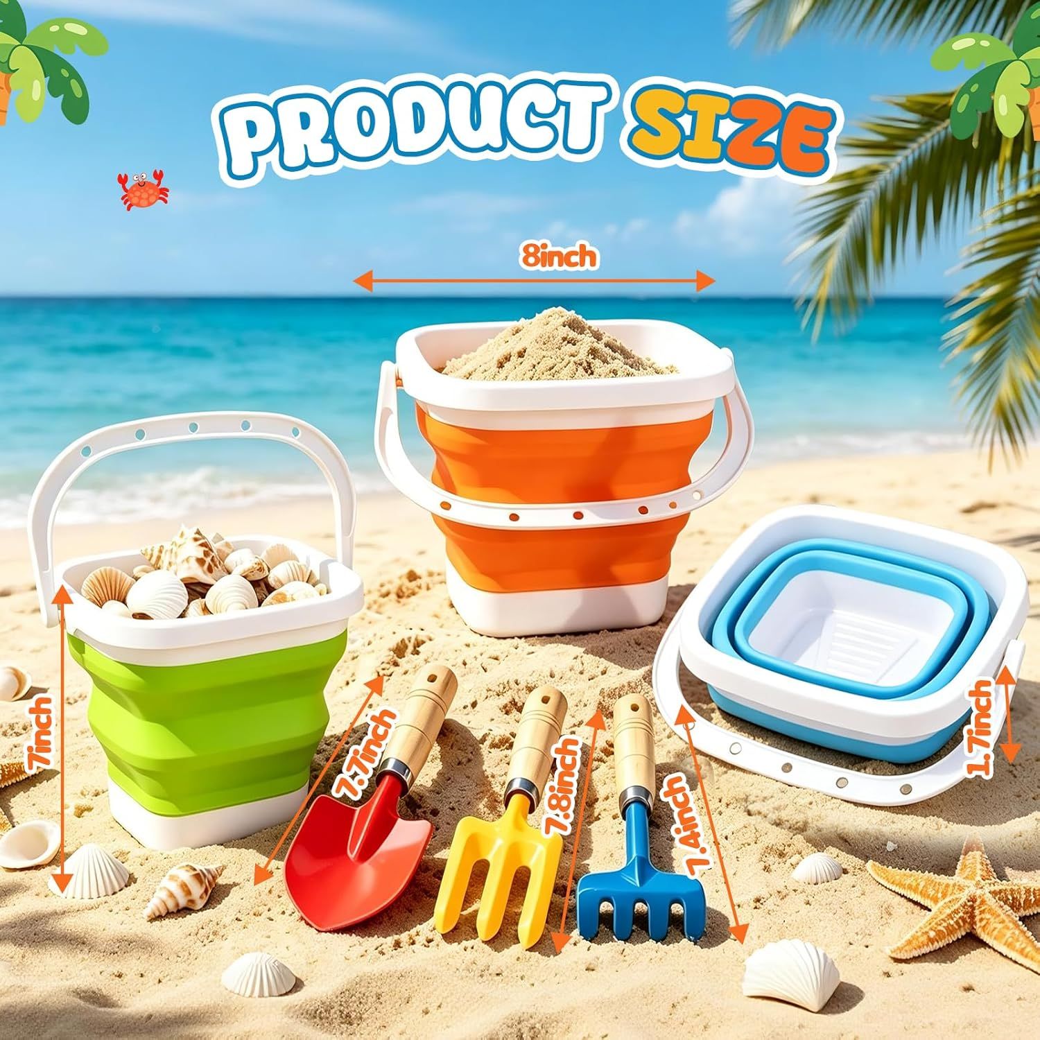 Gardening Tools Set Foldable Beach Bucket with Metal Shovels for Adults, Collapsible Pails Sand Bucket for Basket Camping Outdoor Gardening Fishing, Essential Travel Gadget 6PCS - Image 3