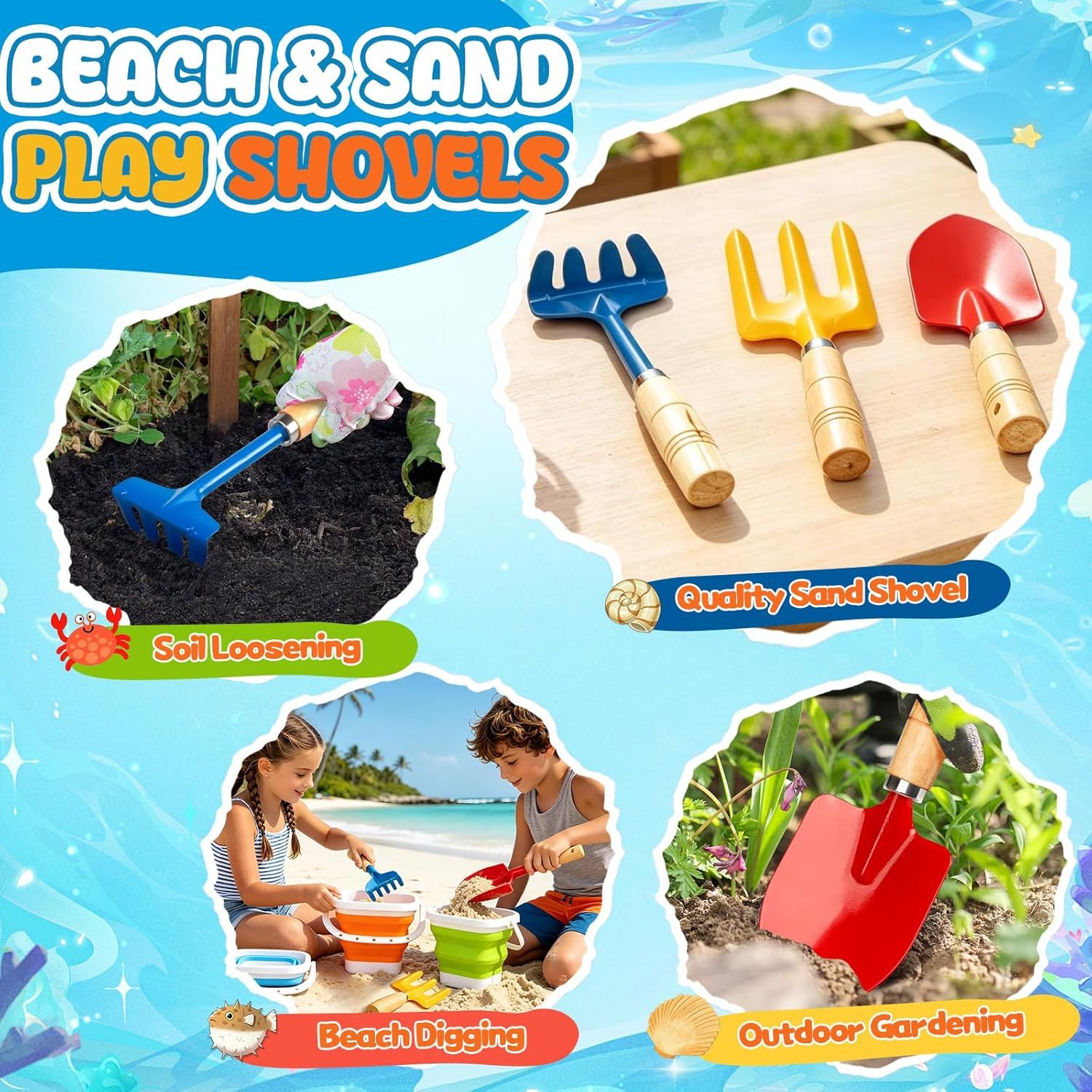 Gardening Tools Set Foldable Beach Bucket with Metal Shovels for Adults, Collapsible Pails Sand Bucket for Basket Camping Outdoor Gardening Fishing, Essential Travel Gadget 6PCS - Image 4