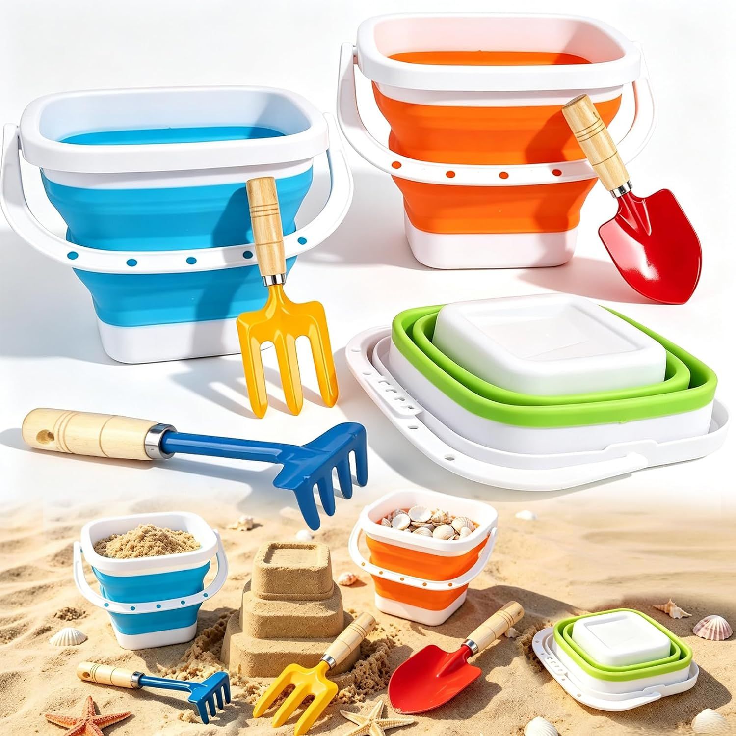 Gardening Tools Set Foldable Beach Bucket with Metal Shovels for Adults, Collapsible Pails Sand Bucket for Basket Camping Outdoor Gardening Fishing, Essential Travel Gadget 6PCS - Image 7