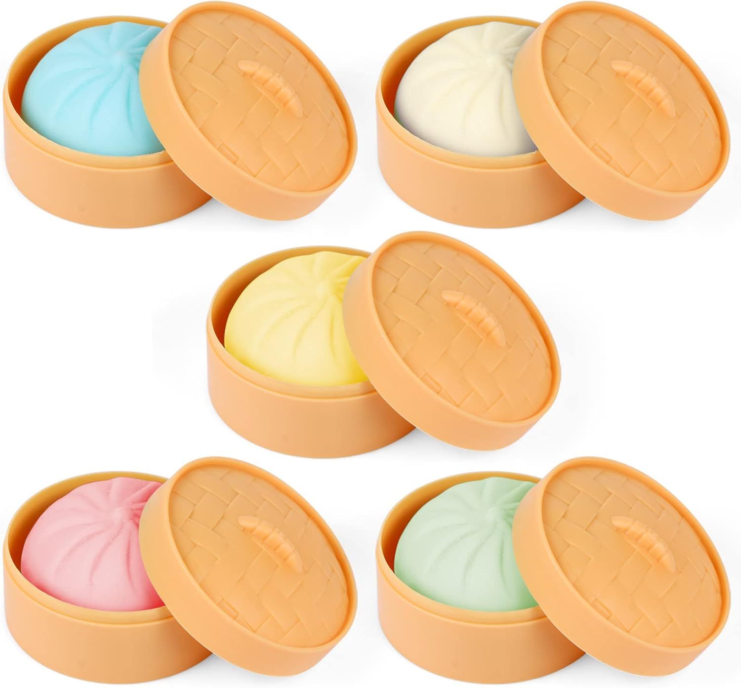 5 PCS Colorful Dumpling Stress Balls Fidget Sensory Toy,Squeeze Dough Ball Stress Relief Hand Toy,Bun with Food Steamer Stretchy Desk Toys - Image 1