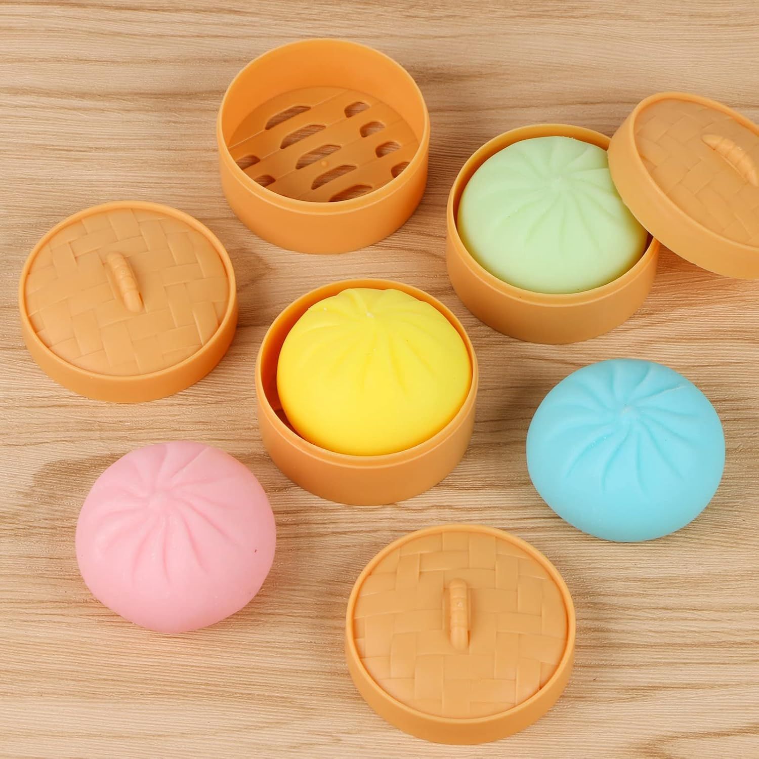 5 PCS Colorful Dumpling Stress Balls Fidget Sensory Toy,Squeeze Dough Ball Stress Relief Hand Toy,Bun with Food Steamer Stretchy Desk Toys - Image 3