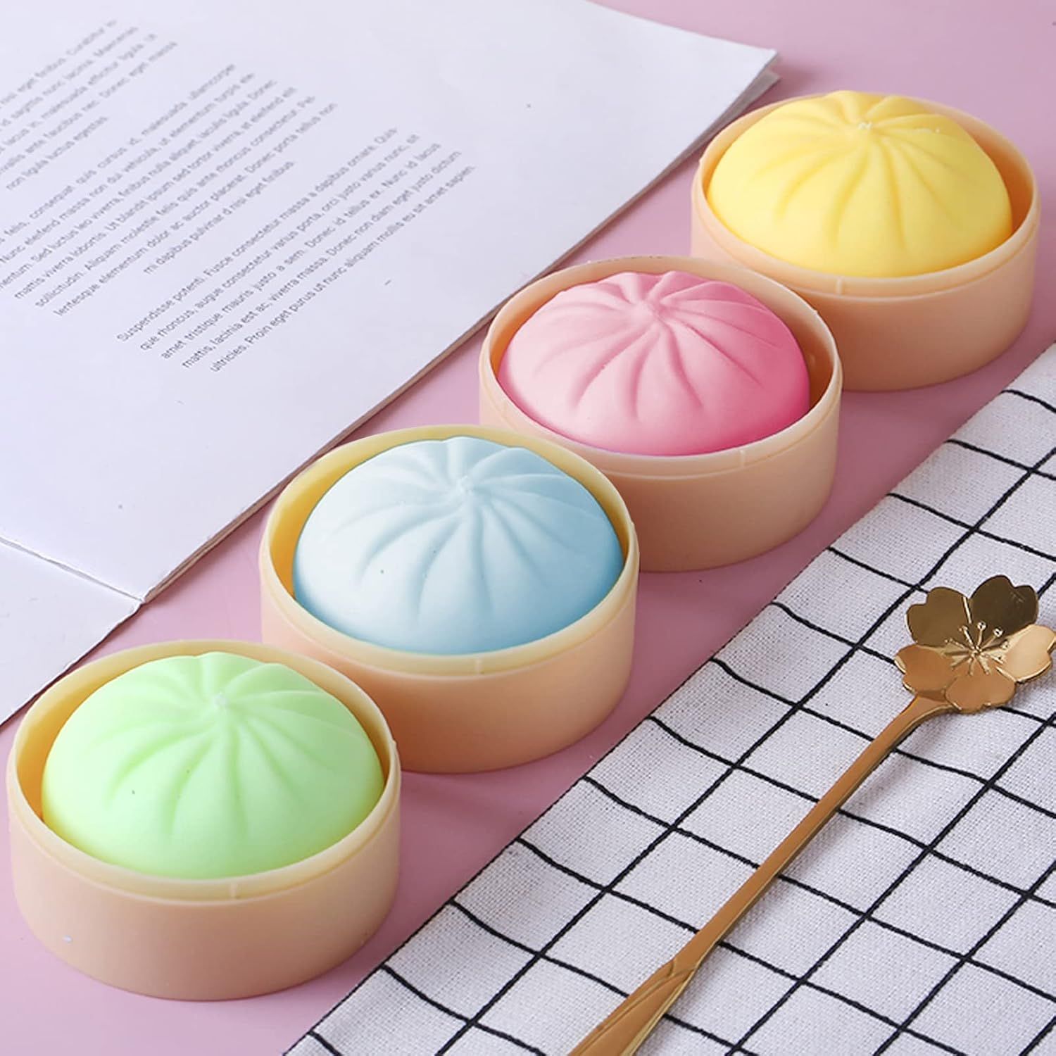 5 PCS Colorful Dumpling Stress Balls Fidget Sensory Toy,Squeeze Dough Ball Stress Relief Hand Toy,Bun with Food Steamer Stretchy Desk Toys - Image 4