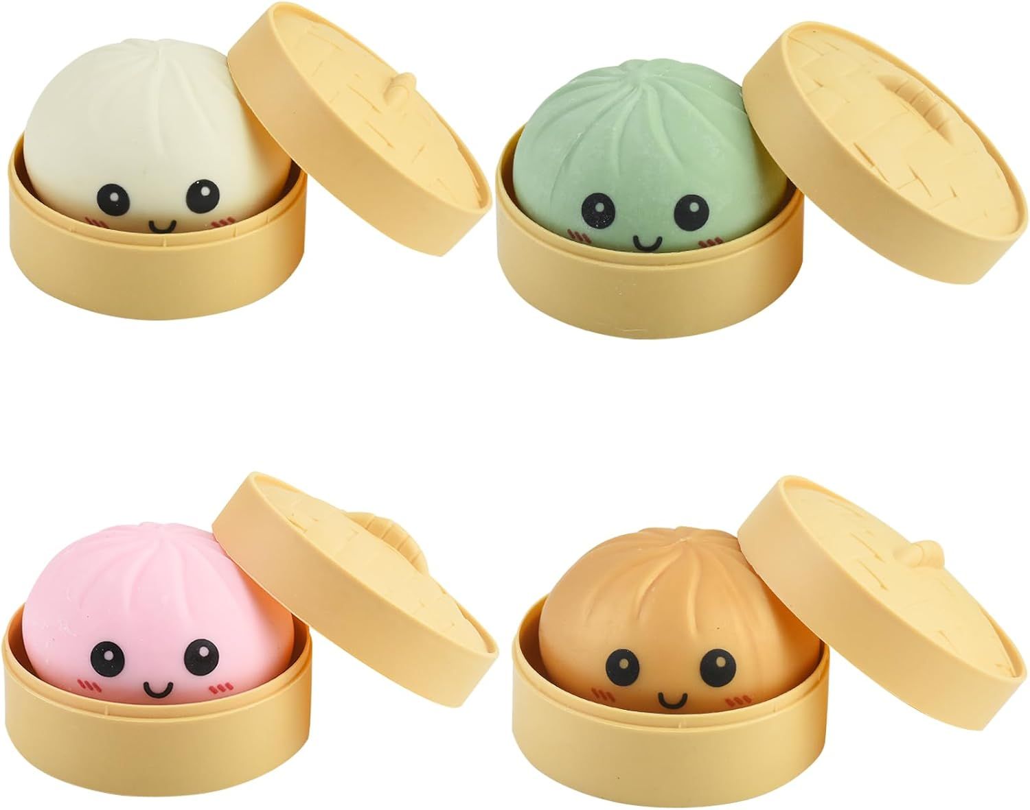 4 PCS Smiling face Colorful Dumpling Stress Balls Fidget Sensory Toy,Squeeze Dough Ball Stress Relief Hand Toy,Bun with Food Steamer Stretchy Desk Toys - Image 2