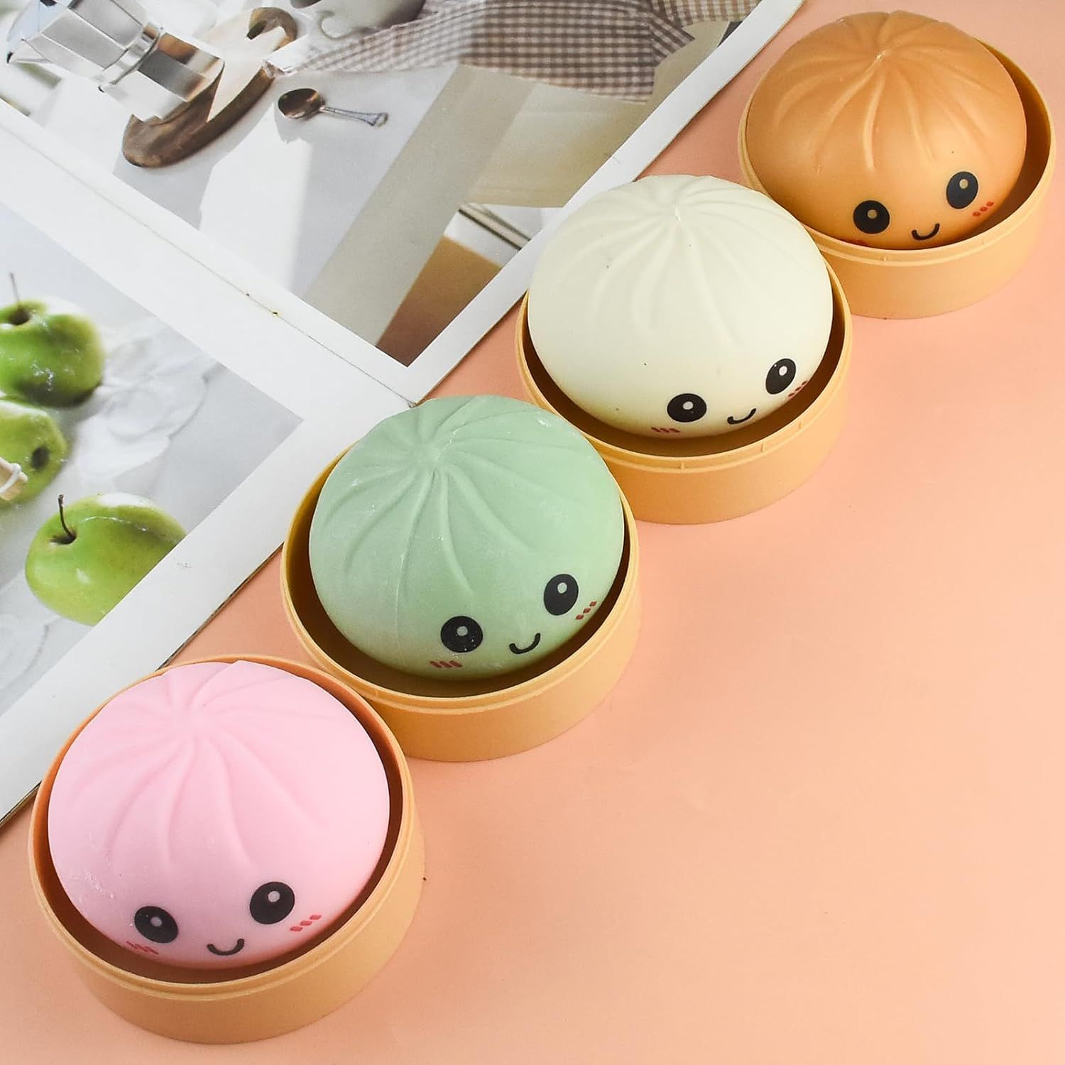 4 PCS Smiling face Colorful Dumpling Stress Balls Fidget Sensory Toy,Squeeze Dough Ball Stress Relief Hand Toy,Bun with Food Steamer Stretchy Desk Toys - Image 3
