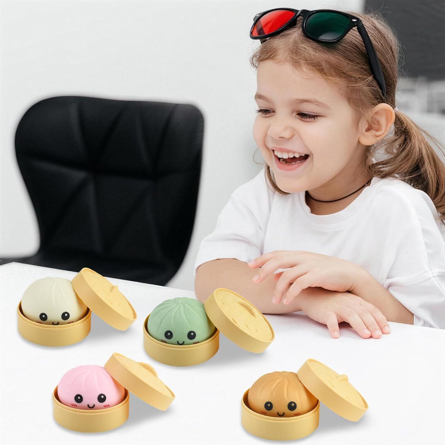 4 PCS Smiling face Colorful Dumpling Stress Balls Fidget Sensory Toy,Squeeze Dough Ball Stress Relief Hand Toy,Bun with Food Steamer Stretchy Desk Toys - Image 6