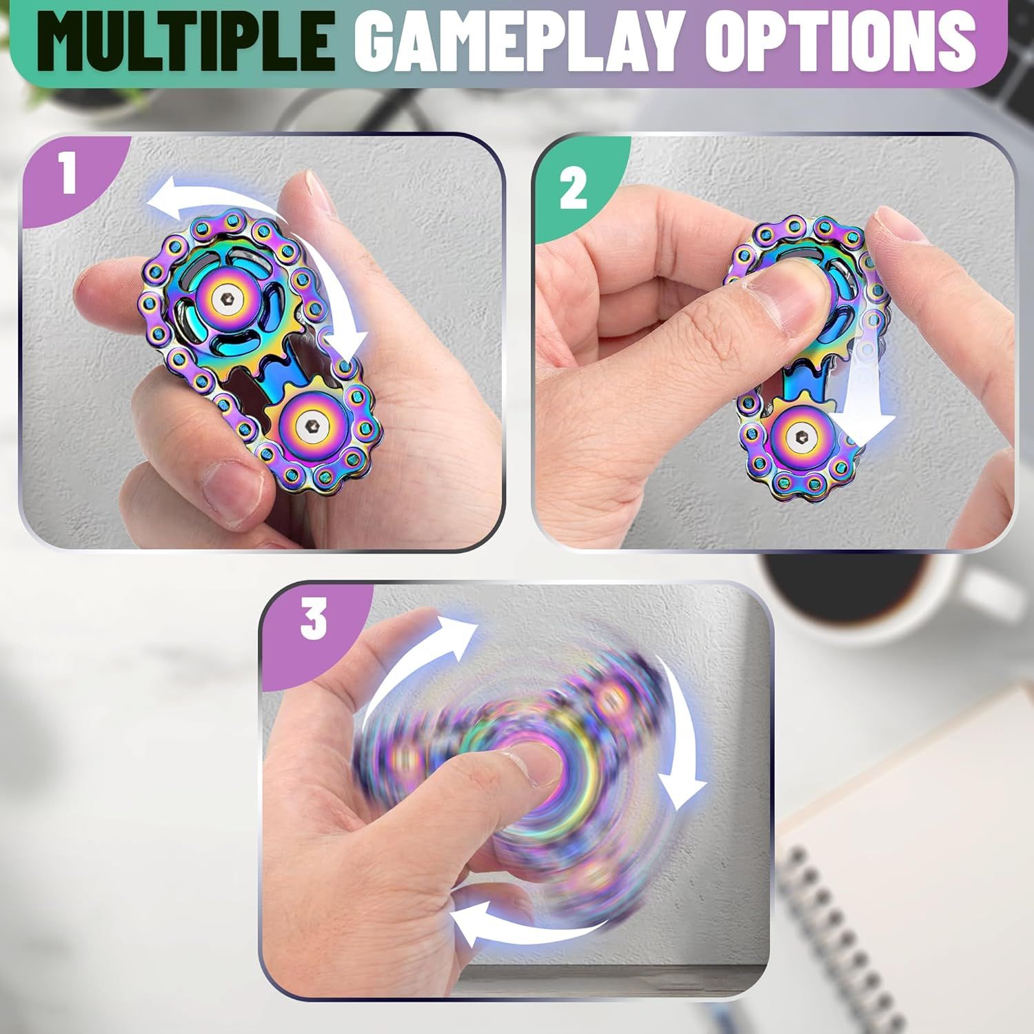 Metal Fidget Spinner Toys for Teens Boys Adults Bike Chain Roller Gadgets ADHD Figette Anxiety Stress Relief Items Quiet Figet Desk Offices EDC Men Easter Basket Stuffer - Image 3