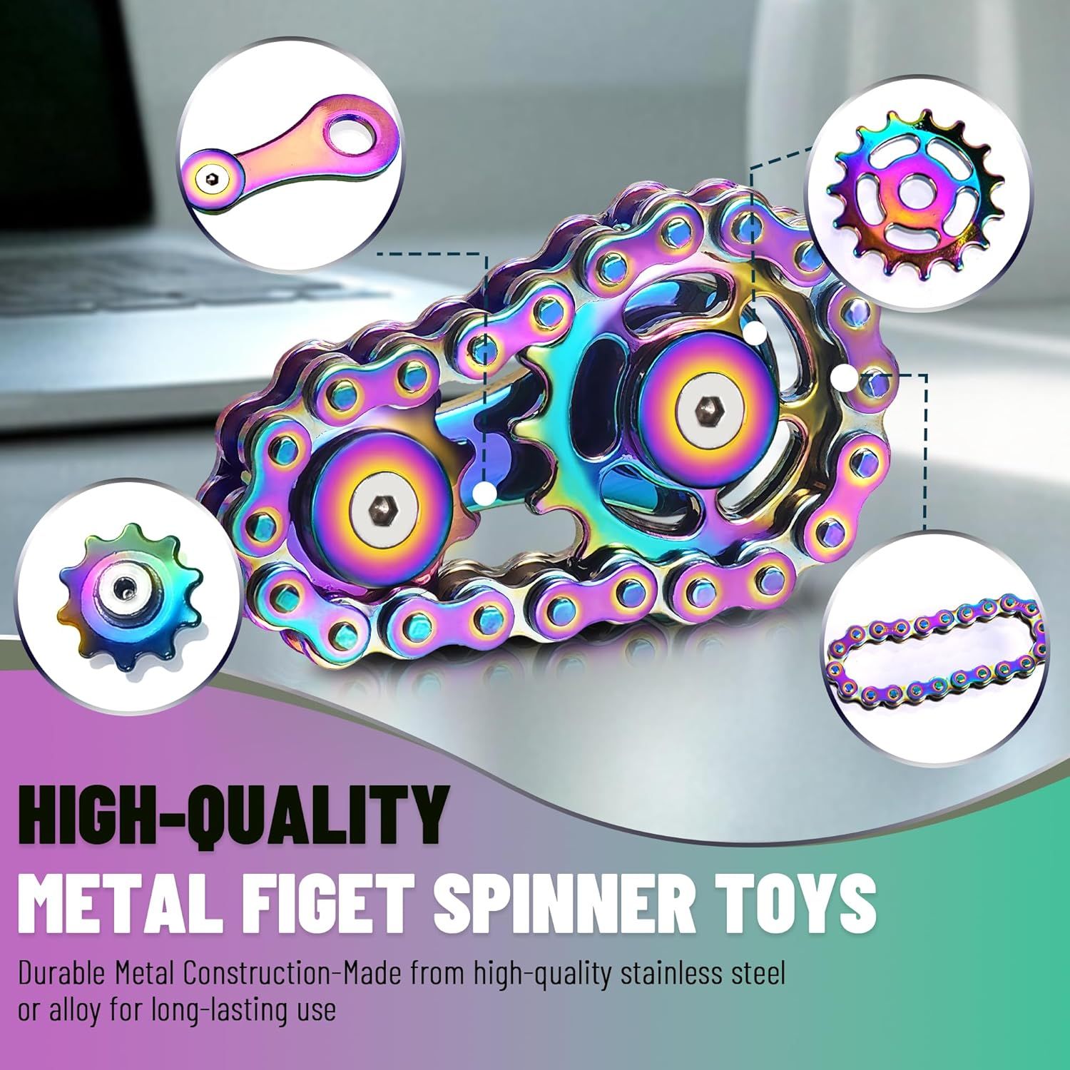 Metal Fidget Spinner Toys for Teens Boys Adults Bike Chain Roller Gadgets ADHD Figette Anxiety Stress Relief Items Quiet Figet Desk Offices EDC Men Easter Basket Stuffer - Image 5