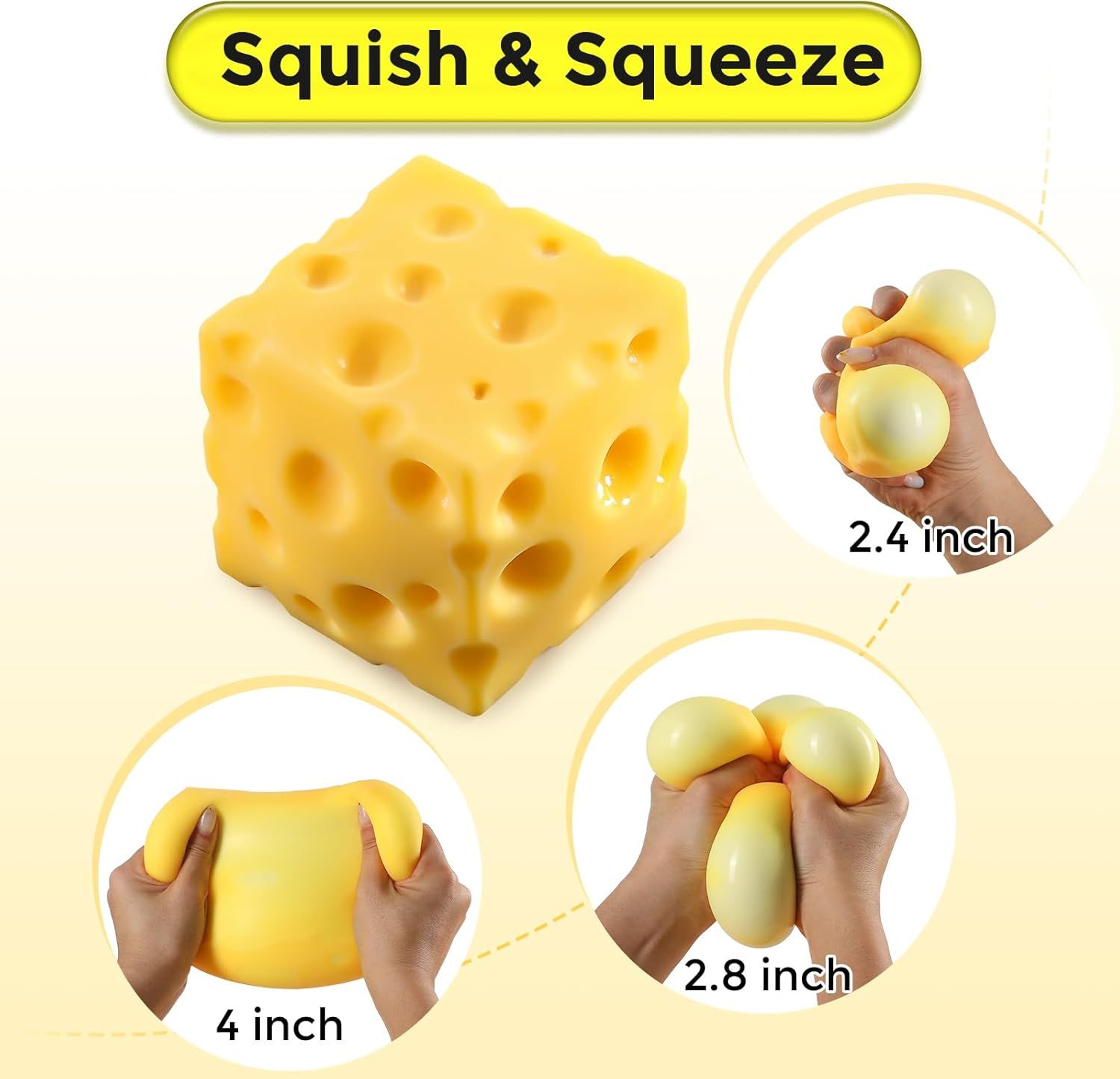 Cheese Squishy Cube Block, Squishy Fidget Toys for Adults & Teens, Easter Basket Stocking Stuffers, Sensory Stress Ball Squeeze Toys for Stress Relief (Yellow 2.4 in) - Image 4