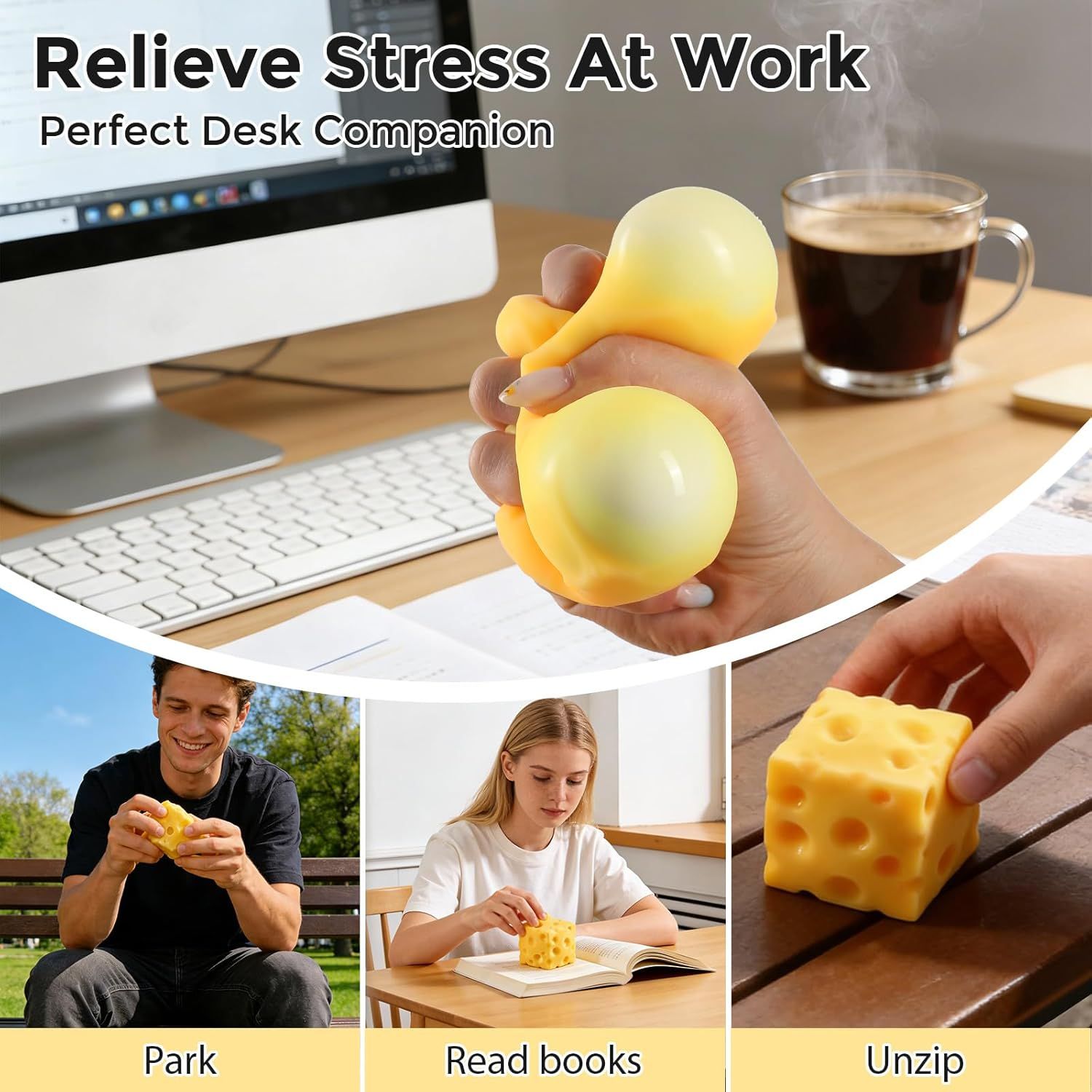 Cheese Squishy Cube Block, Squishy Fidget Toys for Adults & Teens, Easter Basket Stocking Stuffers, Sensory Stress Ball Squeeze Toys for Stress Relief (Yellow 2.4 in) - Image 6