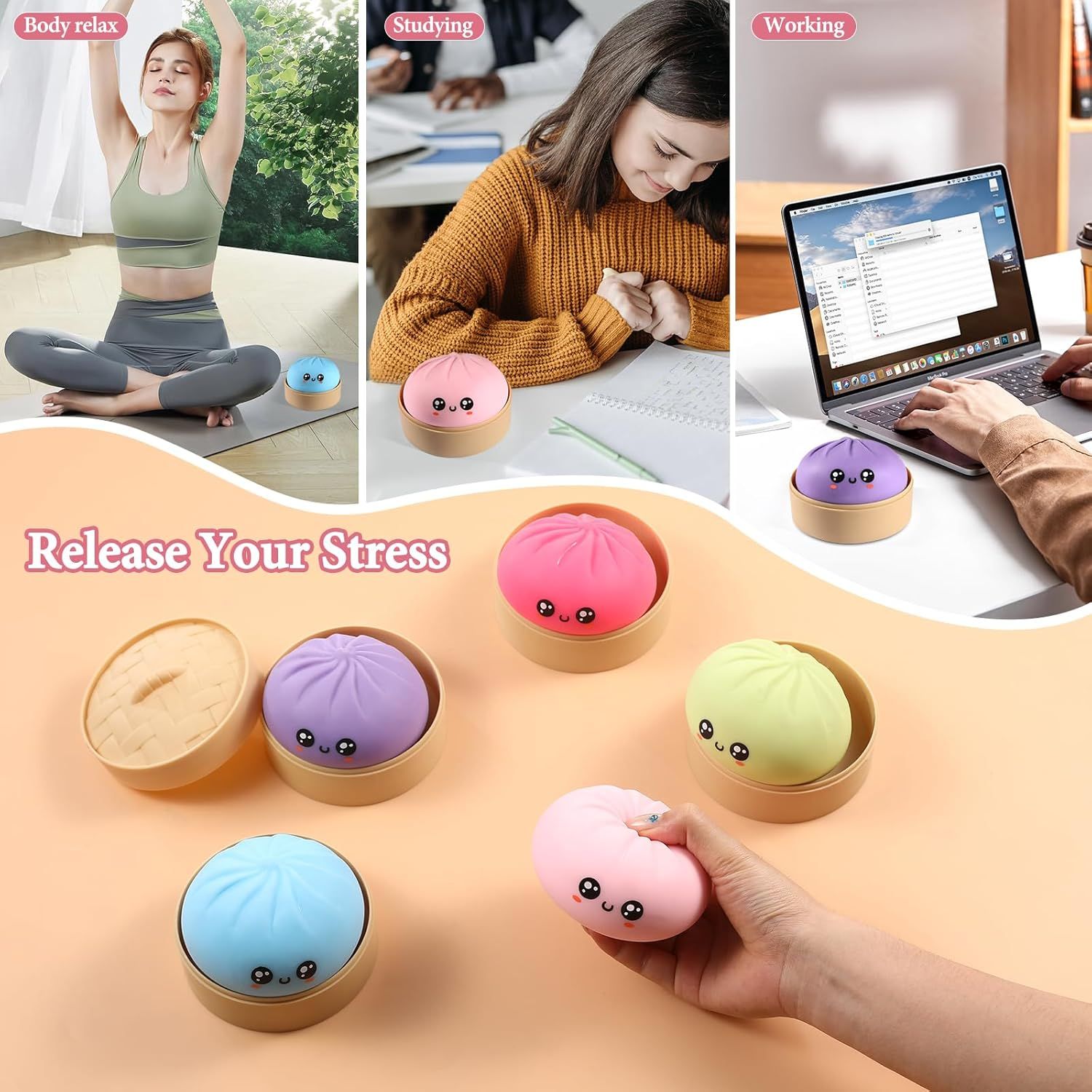 Dumpling Squishy, Dumpling Squishy Mystery Box, Cute Big Squishy Dumpling Stress Ball Fidget Sensory Toy for Adults Anxiety Relief, Novelty Squeeze Ball for Office Desk (Pink) - Image 4
