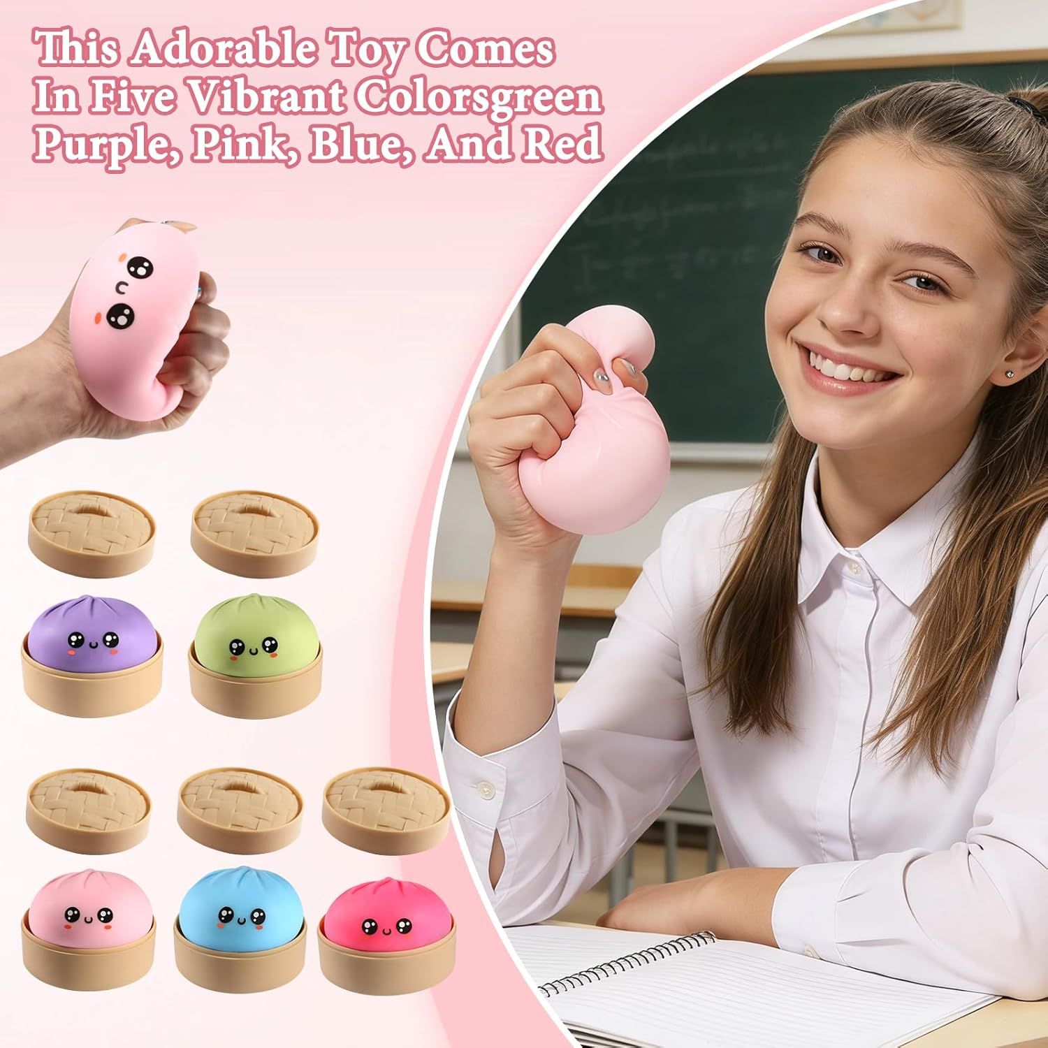 Dumpling Squishy, Dumpling Squishy Mystery Box, Cute Big Squishy Dumpling Stress Ball Fidget Sensory Toy for Adults Anxiety Relief, Novelty Squeeze Ball for Office Desk (Pink) - Image 5