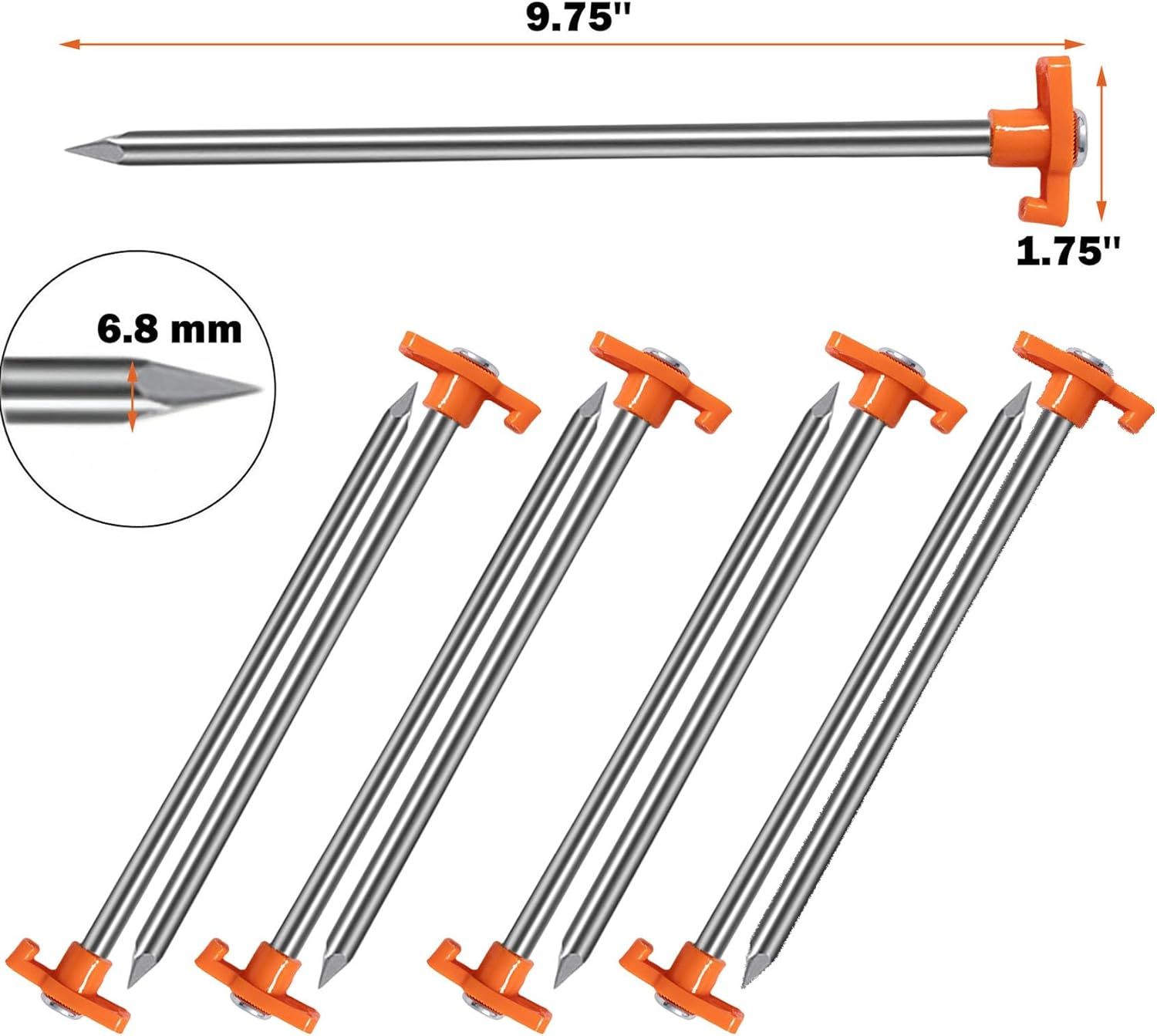 20 Pack Tent Stakes Heavy Duty, 9.75 Inch Yard Stakes Non-Rust Metal Tent Pegs Ground Stakes Tent Spikes for Camping Patio, Garden, Canopies, Grassland, Outdoor, Orange - Image 2
