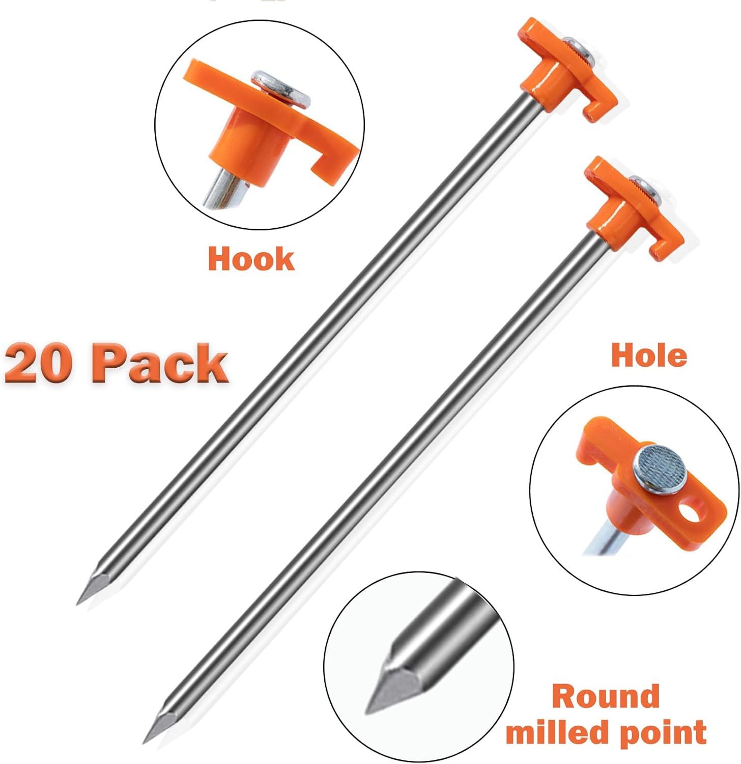 20 Pack Tent Stakes Heavy Duty, 9.75 Inch Yard Stakes Non-Rust Metal Tent Pegs Ground Stakes Tent Spikes for Camping Patio, Garden, Canopies, Grassland, Outdoor, Orange - Image 3
