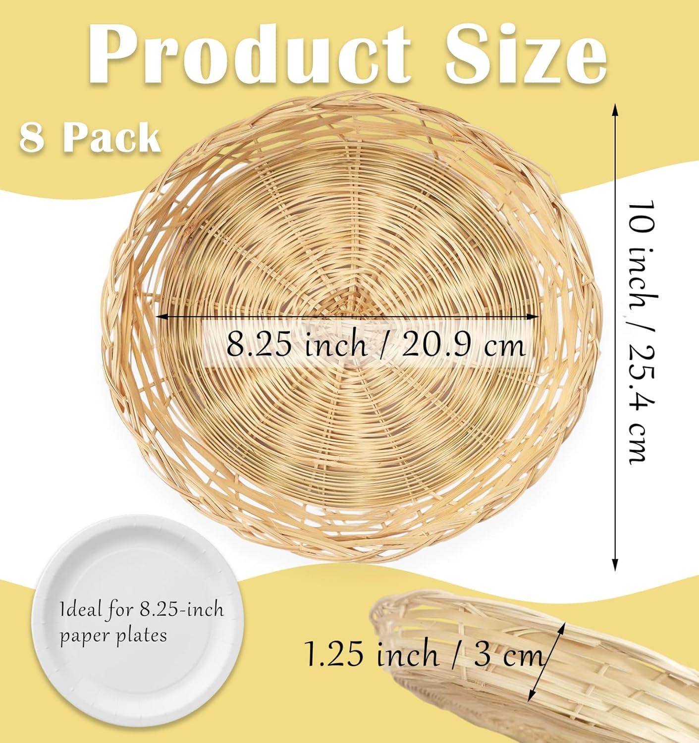 8 Pack Bamboo Paper Plate Holders, 10 Inches Reusable Wicker Charger Plates for Dinner Plates Natural Hand Woven Wicker Paper Plate Baskets for Home Party Daily Dinning Picnic - Image 3