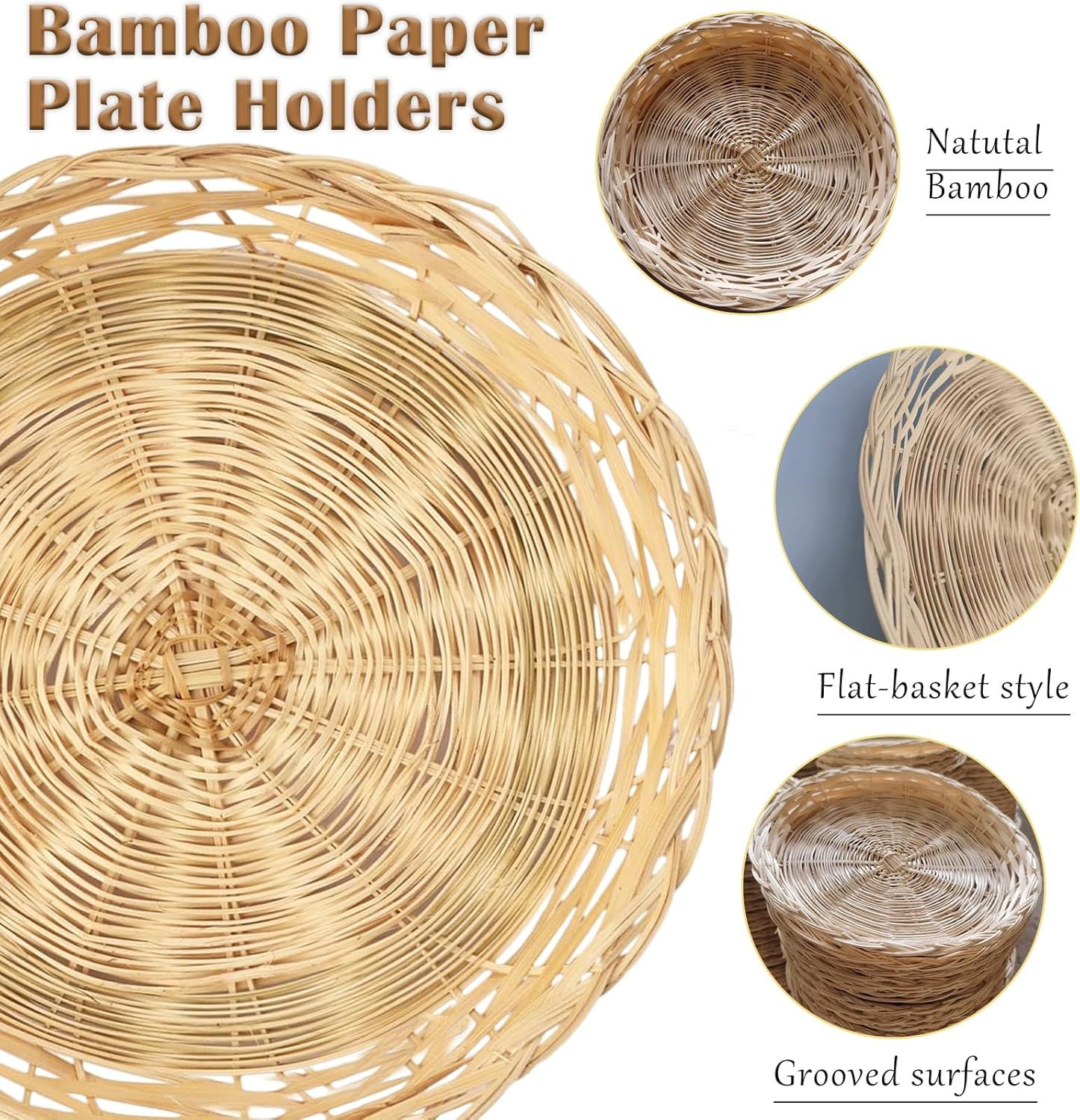 8 Pack Bamboo Paper Plate Holders, 10 Inches Reusable Wicker Charger Plates for Dinner Plates Natural Hand Woven Wicker Paper Plate Baskets for Home Party Daily Dinning Picnic - Image 4