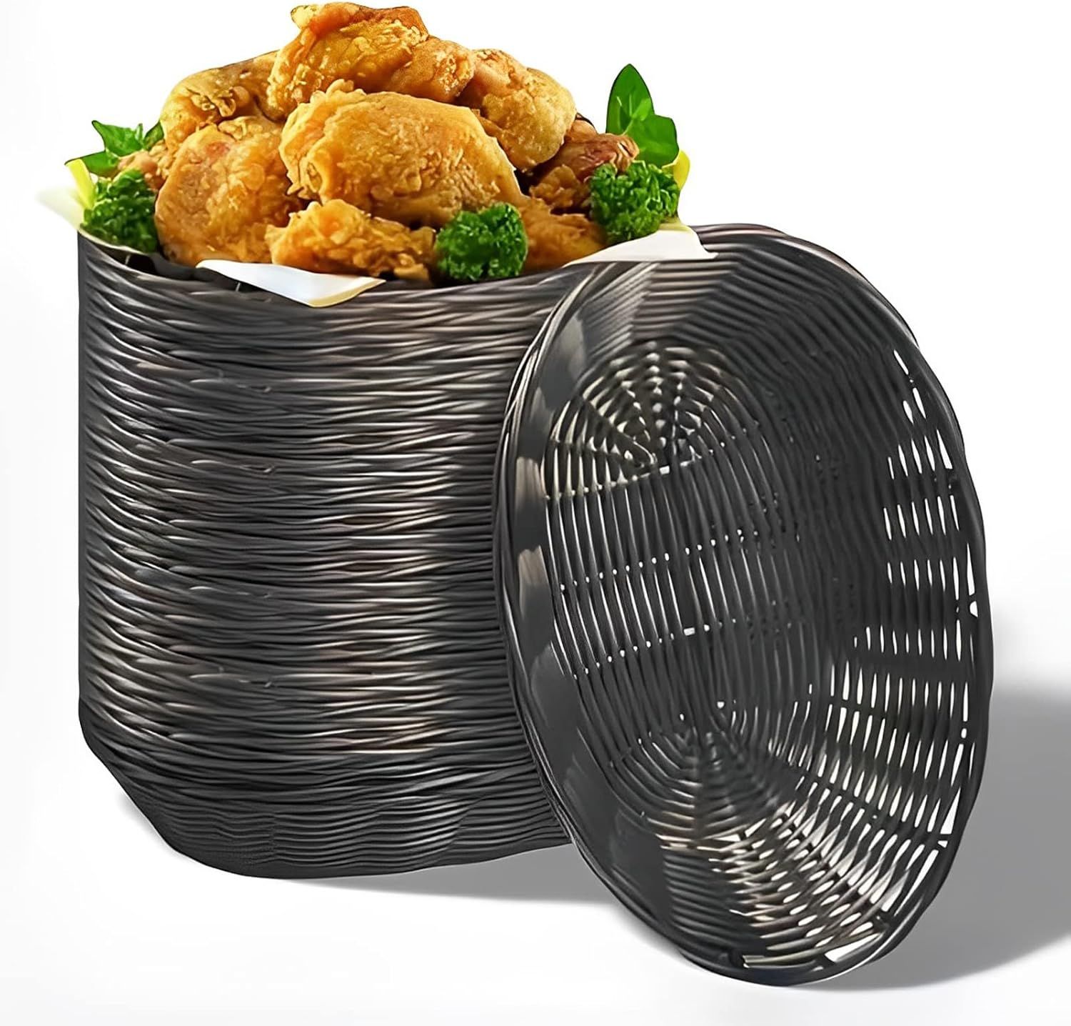 12 Pack Plastic Oval Basket, 8.6 X 6.3 X 2.1 Inch Woven Bread Baskets for Serving Small Empty Gift Baskets, Imitation Rattan Basket for Kitchen Restaurant Centerpiece Display - Dark Brown - Image 1
