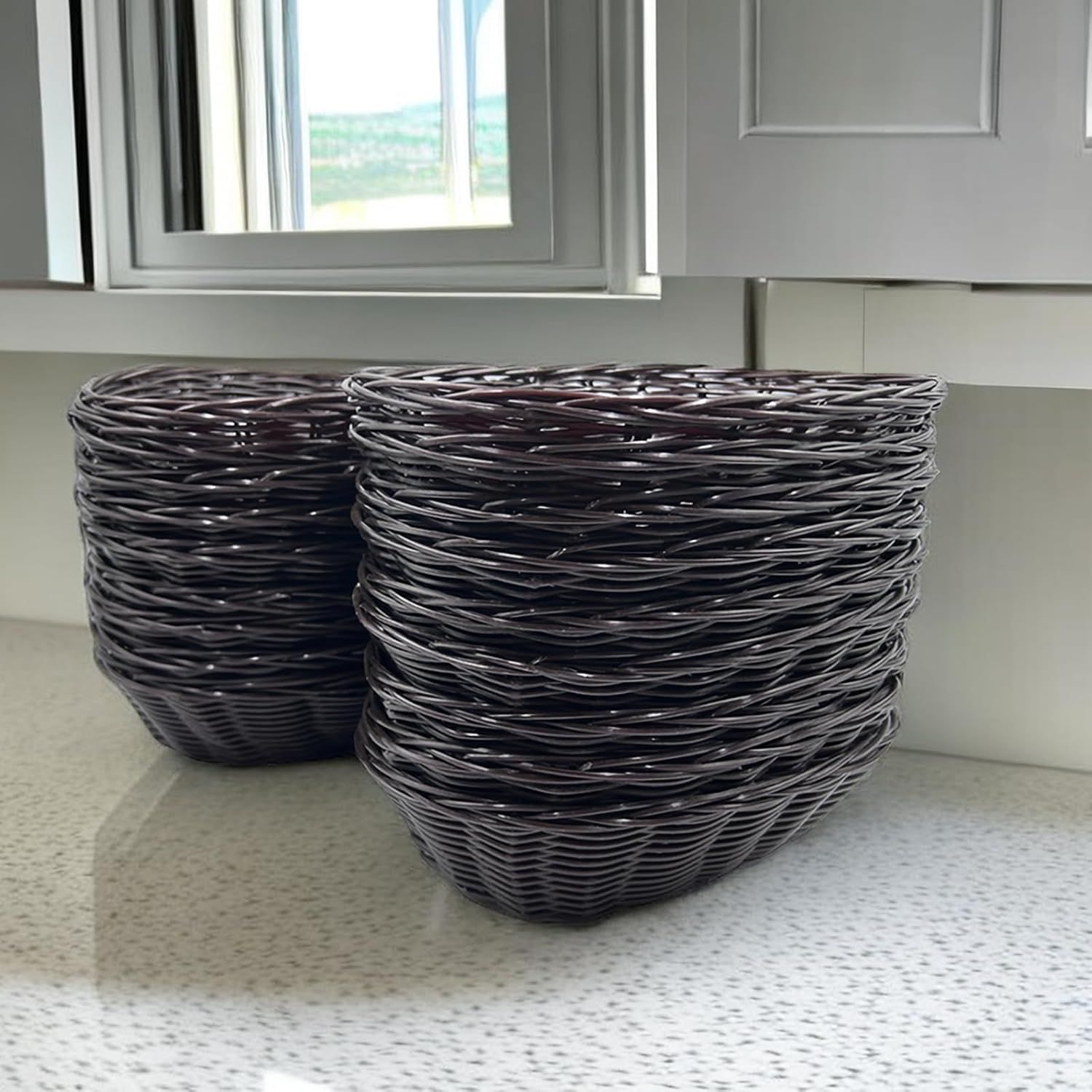 12 Pack Plastic Oval Basket, 8.6 X 6.3 X 2.1 Inch Woven Bread Baskets for Serving Small Empty Gift Baskets, Imitation Rattan Basket for Kitchen Restaurant Centerpiece Display - Dark Brown - Image 2