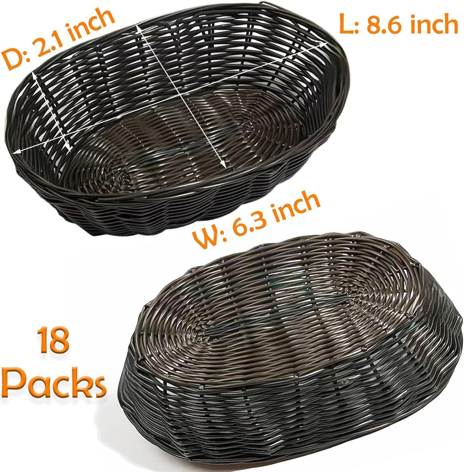 12 Pack Plastic Oval Basket, 8.6 X 6.3 X 2.1 Inch Woven Bread Baskets for Serving Small Empty Gift Baskets, Imitation Rattan Basket for Kitchen Restaurant Centerpiece Display - Dark Brown - Image 3