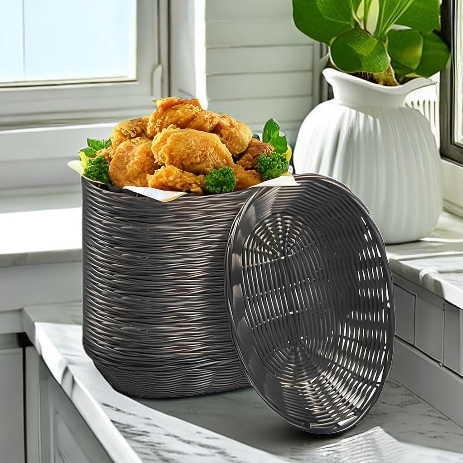 12 Pack Plastic Oval Basket, 8.6 X 6.3 X 2.1 Inch Woven Bread Baskets for Serving Small Empty Gift Baskets, Imitation Rattan Basket for Kitchen Restaurant Centerpiece Display - Dark Brown - Image 5