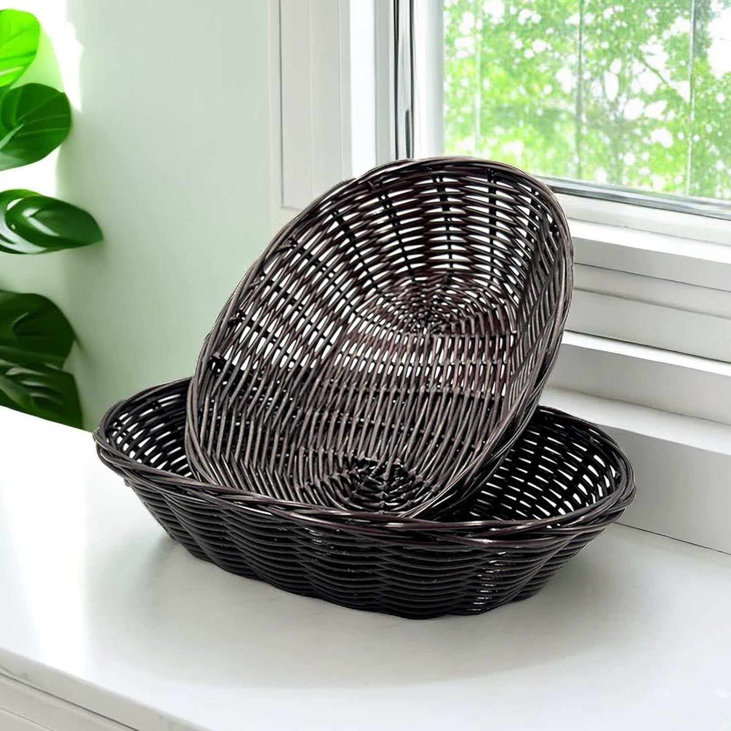 12 Pack Plastic Oval Basket, 8.6 X 6.3 X 2.1 Inch Woven Bread Baskets for Serving Small Empty Gift Baskets, Imitation Rattan Basket for Kitchen Restaurant Centerpiece Display - Dark Brown - Image 7