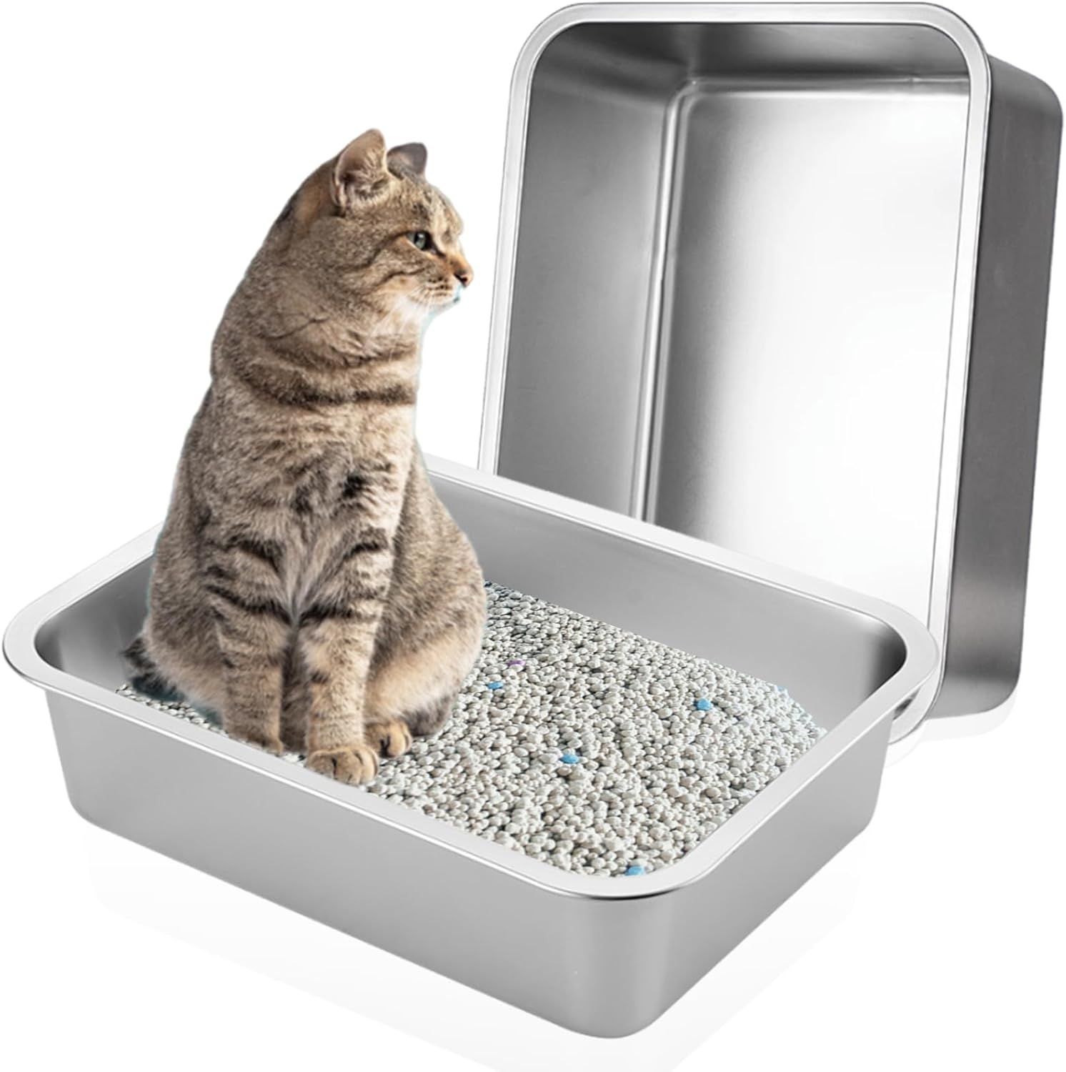 2 Pack Stainless Steel Cat Litter Box - High Side Metal Cats Toilet Large Rust Proof Litter Pan with Non Stick Smooth Surface for Cats, Kitten, Rabbits, 17.5 X 13.5 X 6 Inches - Image 1