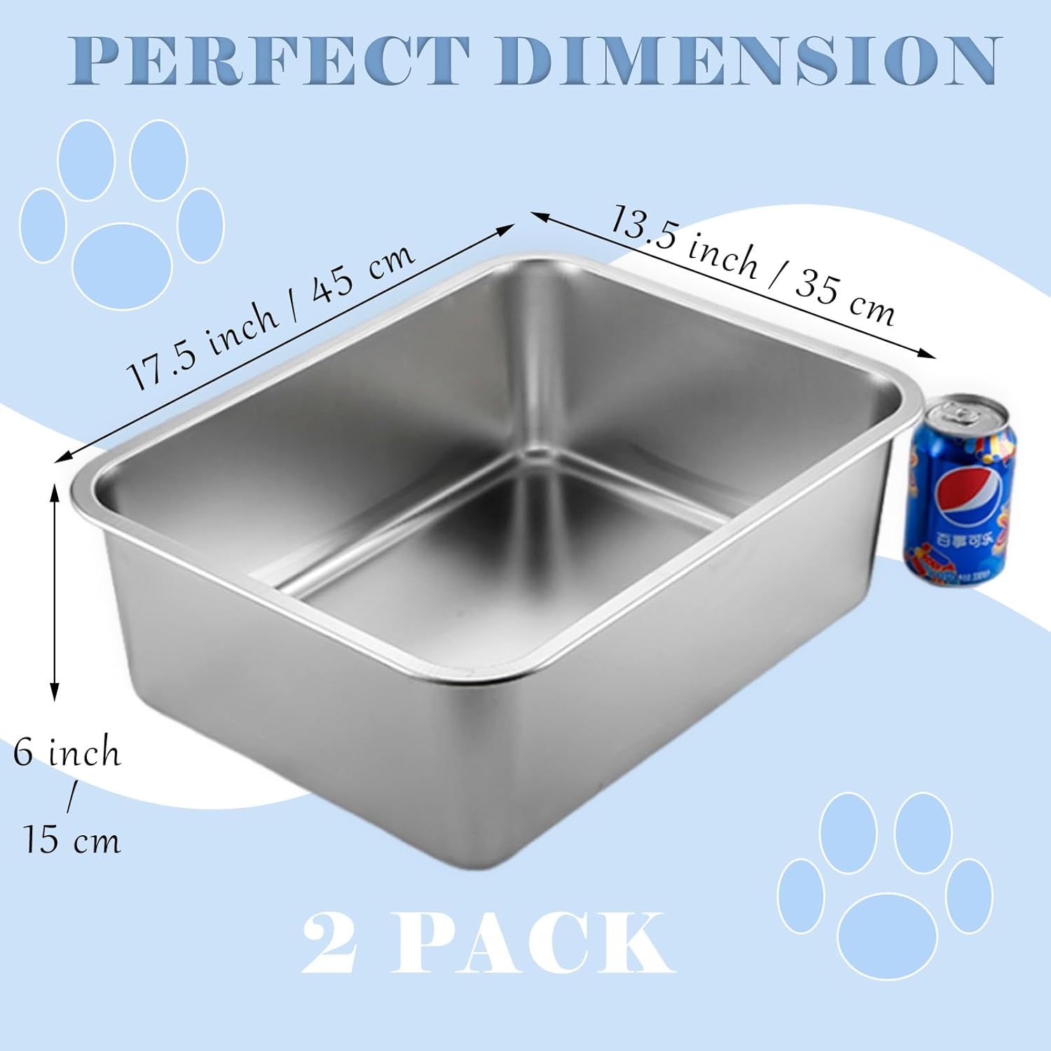 2 Pack Stainless Steel Cat Litter Box - High Side Metal Cats Toilet Large Rust Proof Litter Pan with Non Stick Smooth Surface for Cats, Kitten, Rabbits, 17.5 X 13.5 X 6 Inches - Image 2