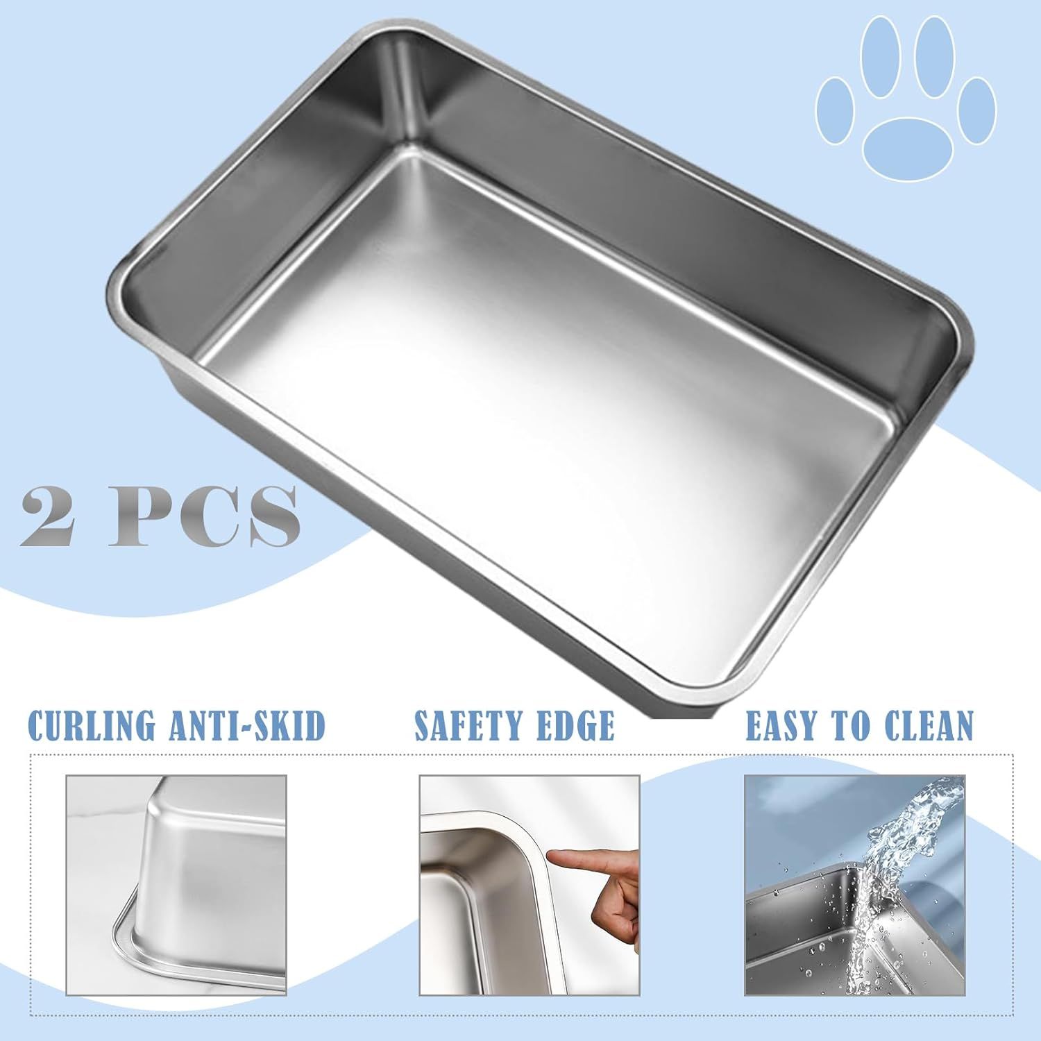 2 Pack Stainless Steel Cat Litter Box - High Side Metal Cats Toilet Large Rust Proof Litter Pan with Non Stick Smooth Surface for Cats, Kitten, Rabbits, 17.5 X 13.5 X 6 Inches - Image 3