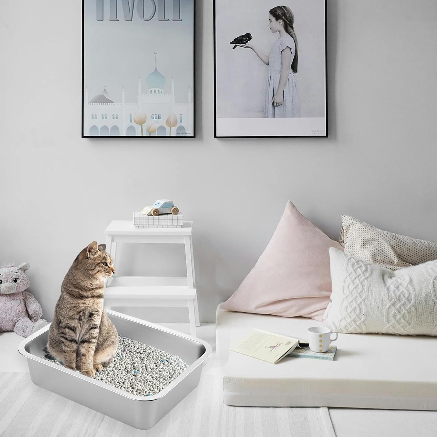 2 Pack Stainless Steel Cat Litter Box - High Side Metal Cats Toilet Large Rust Proof Litter Pan with Non Stick Smooth Surface for Cats, Kitten, Rabbits, 17.5 X 13.5 X 6 Inches - Image 5