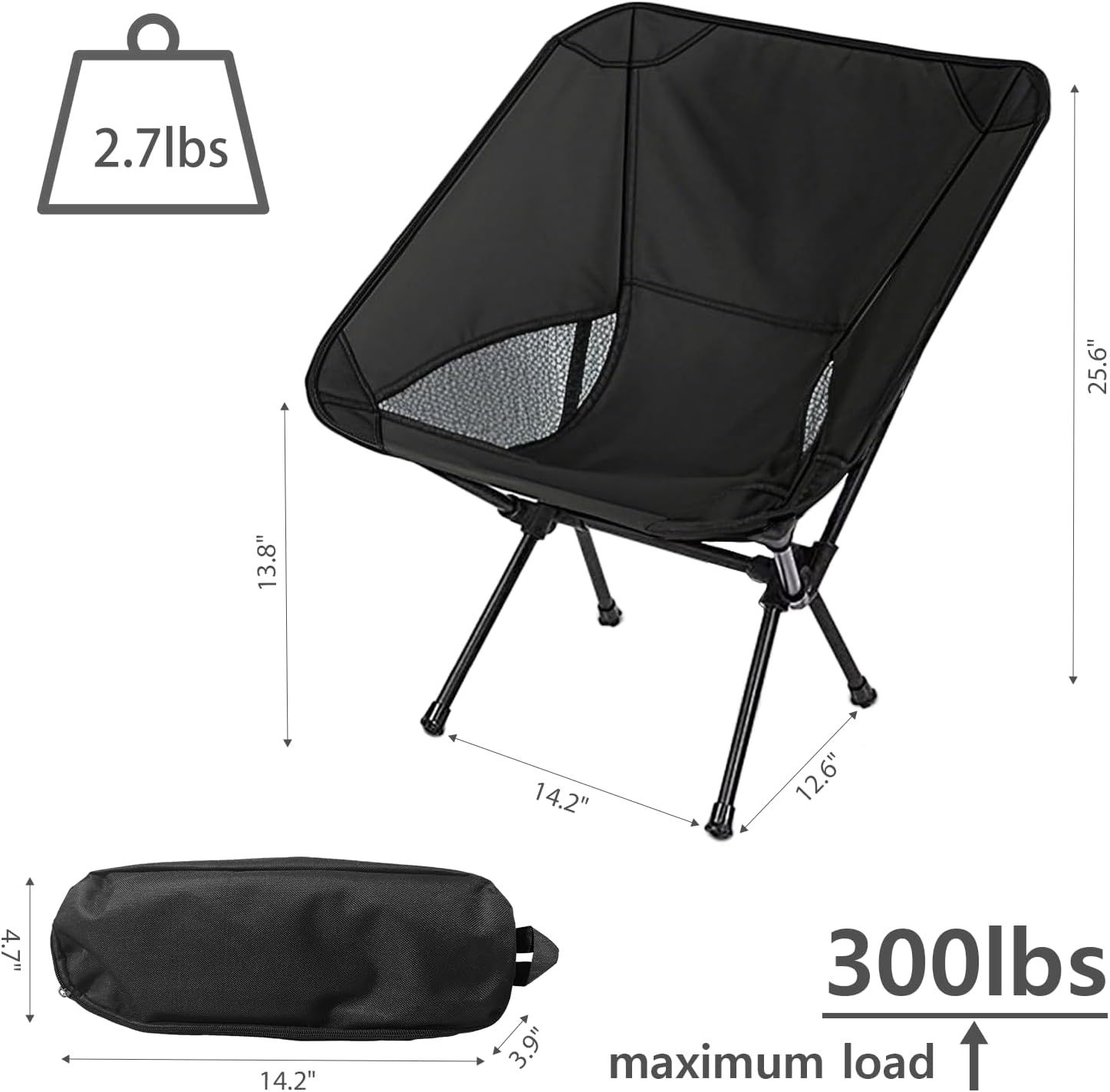 Portable Camping Chair Lightweight Foldable Outdoor Chair for Hiking Camp Backpacking Lawn Beach Fishing Picnic with Carry Bag (Black) - Image 3