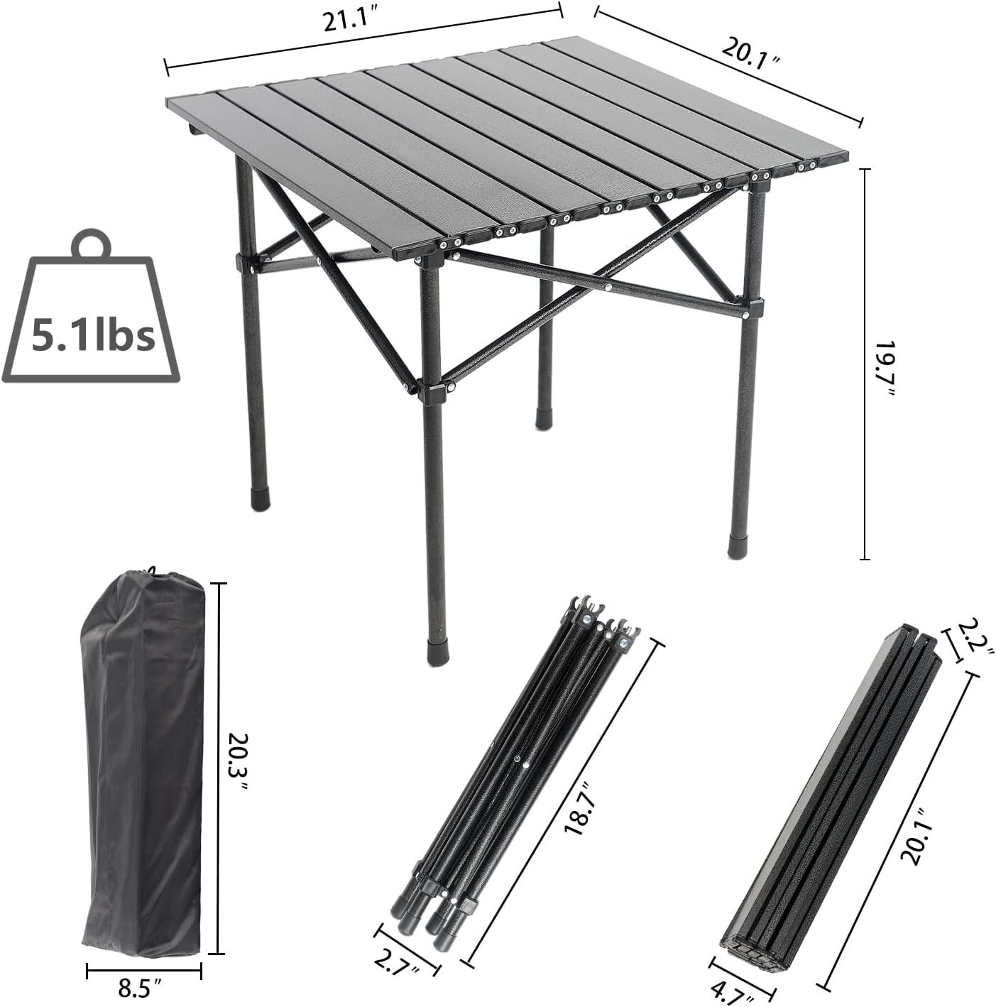 Portable Camping Table Folding Side Table Aluminum Lightweight Table with Carry Bag for Outdoor Cooking Hiking Picnics BBQ Travel (Black) - Image 2