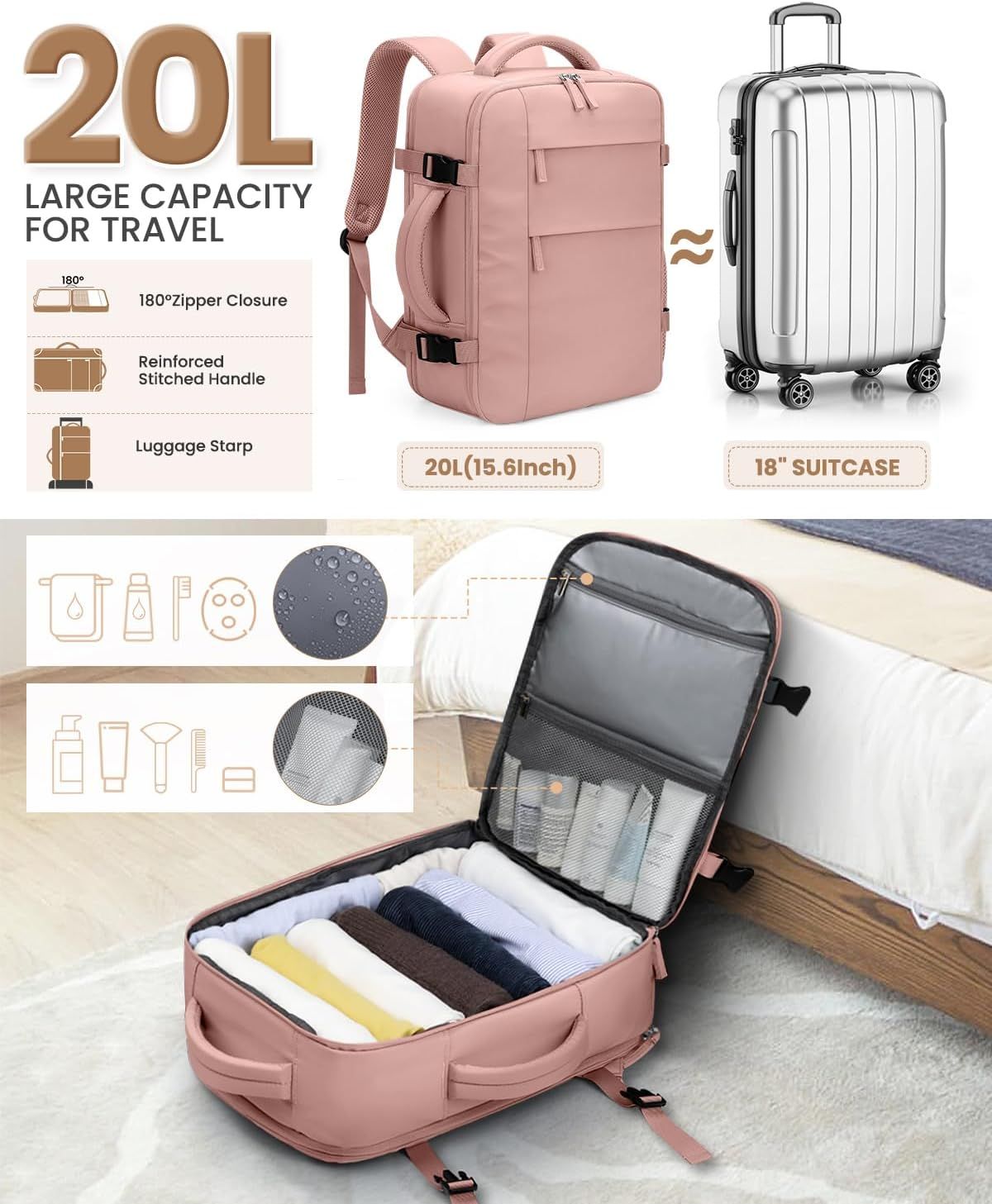 Travel Backpack for Women Man, Waterproof Personal Item Travel Bag Airline Approved Laptop Backpack Bookbag Weekender bags for Business,Travel, Work Fits 15.6 inch Laptop(Medium,Pink) - Image 3