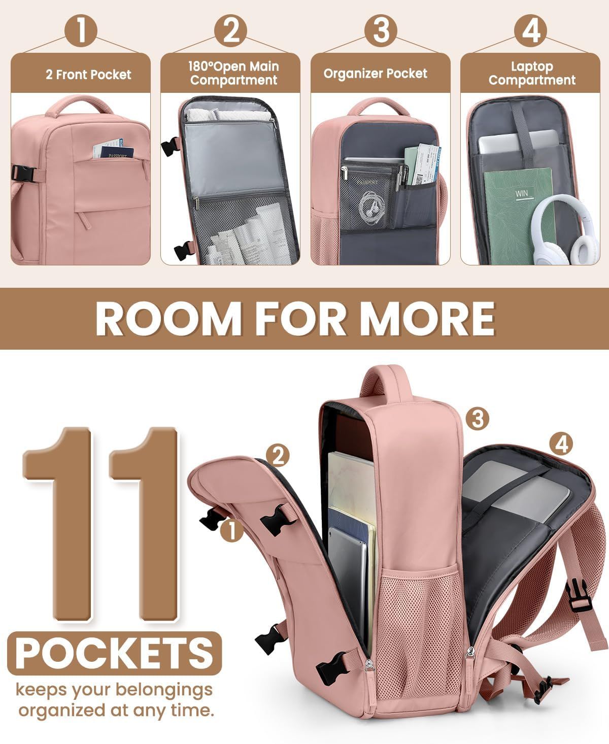 Travel Backpack for Women Man, Waterproof Personal Item Travel Bag Airline Approved Laptop Backpack Bookbag Weekender bags for Business,Travel, Work Fits 15.6 inch Laptop(Medium,Pink) - Image 4