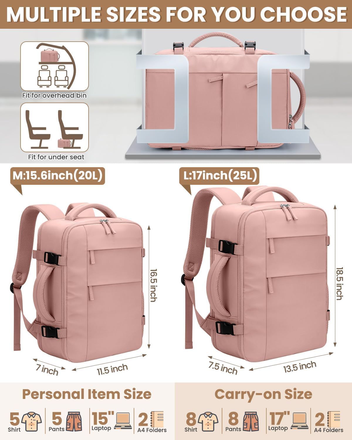 Travel Backpack for Women Man, Waterproof Personal Item Travel Bag Airline Approved Laptop Backpack Bookbag Weekender bags for Business,Travel, Work Fits 15.6 inch Laptop(Medium,Pink) - Image 5