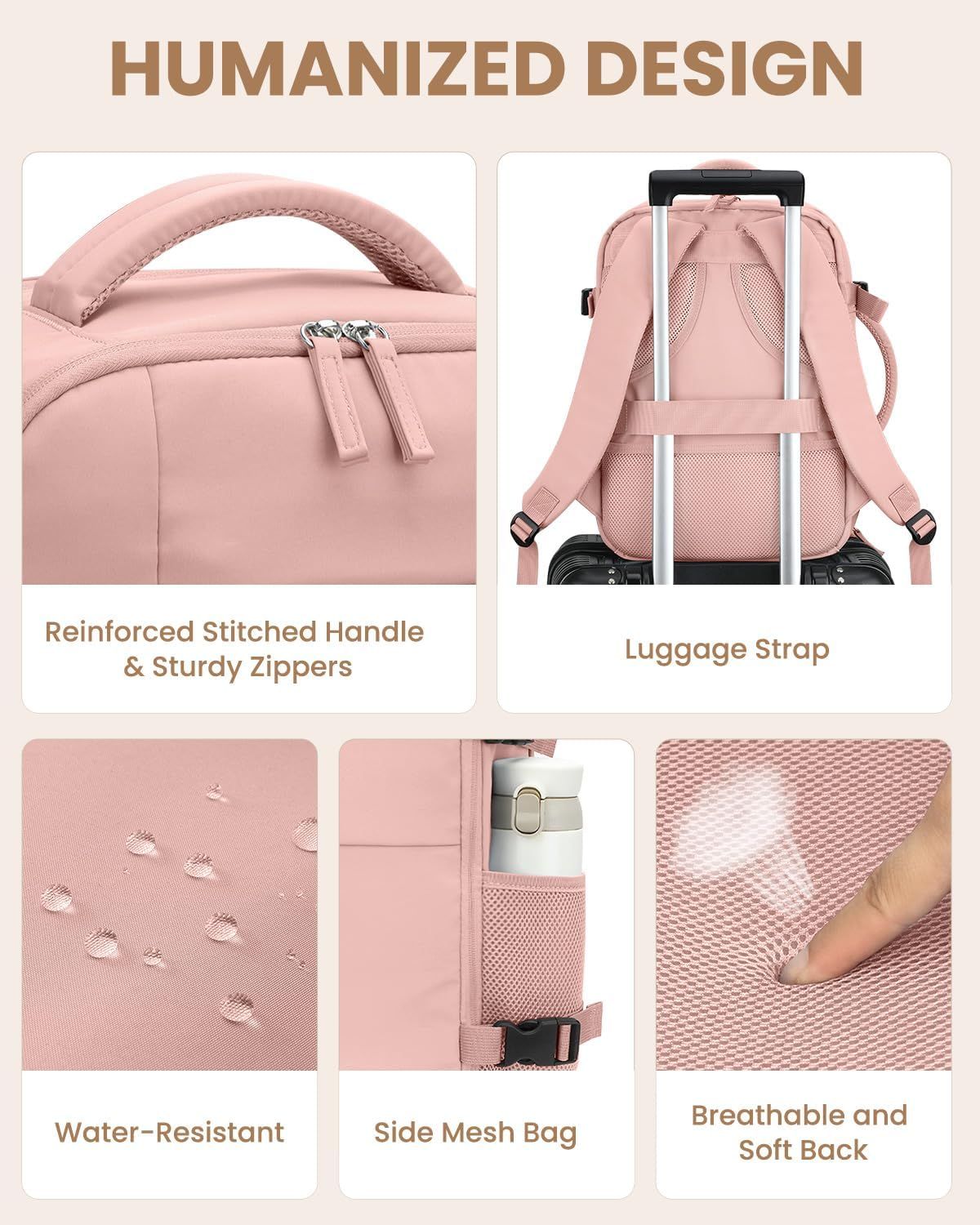Travel Backpack for Women Man, Waterproof Personal Item Travel Bag Airline Approved Laptop Backpack Bookbag Weekender bags for Business,Travel, Work Fits 15.6 inch Laptop(Medium,Pink) - Image 6