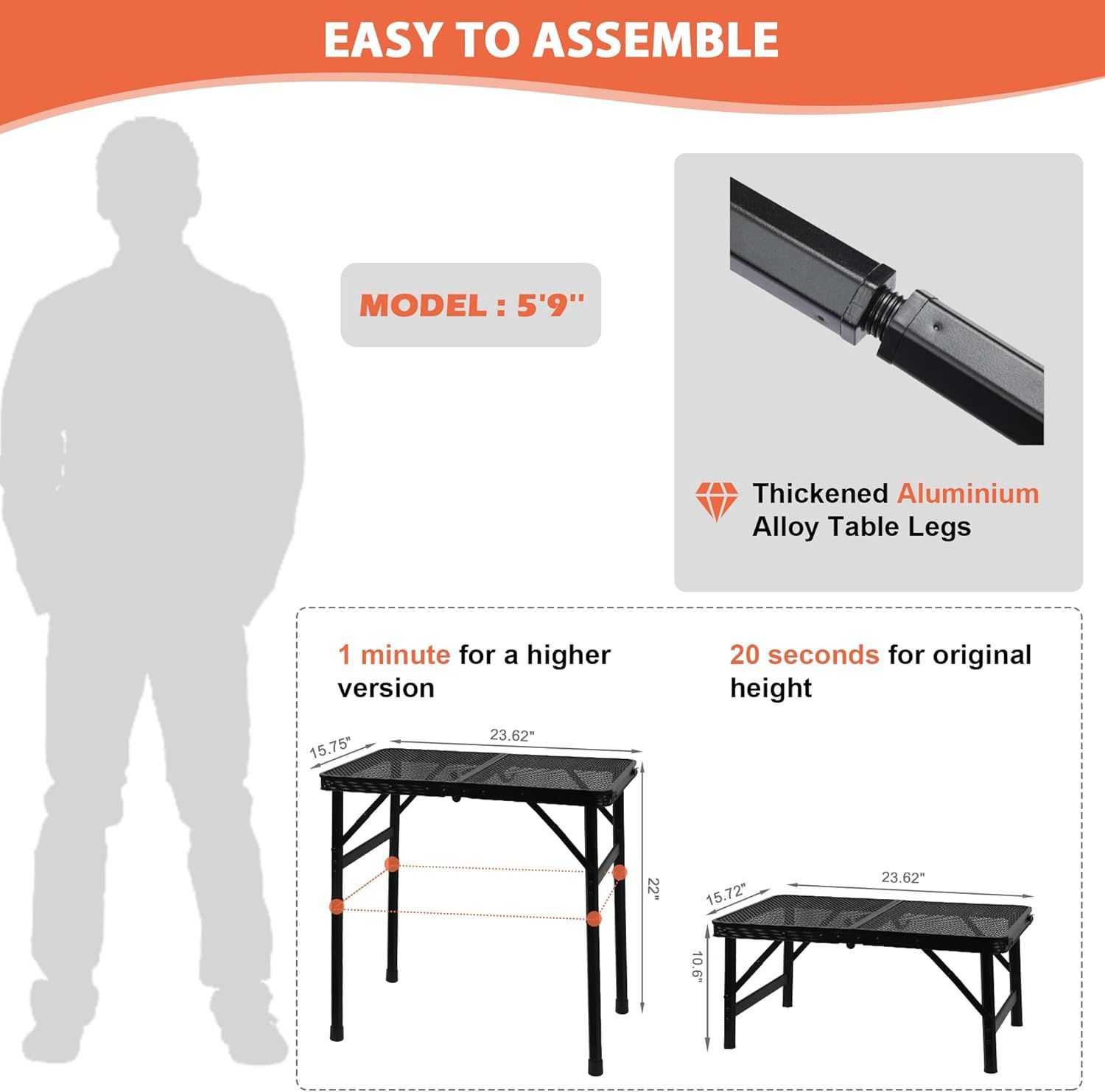 Camping Table with Mesh Desktop, Lightweight & Portable Small Folding Grill Table, Height Adjustable Metal Outdoor Table for Camp, Cooking, BBQ, RV, Picnic-2 FT Black - Image 2