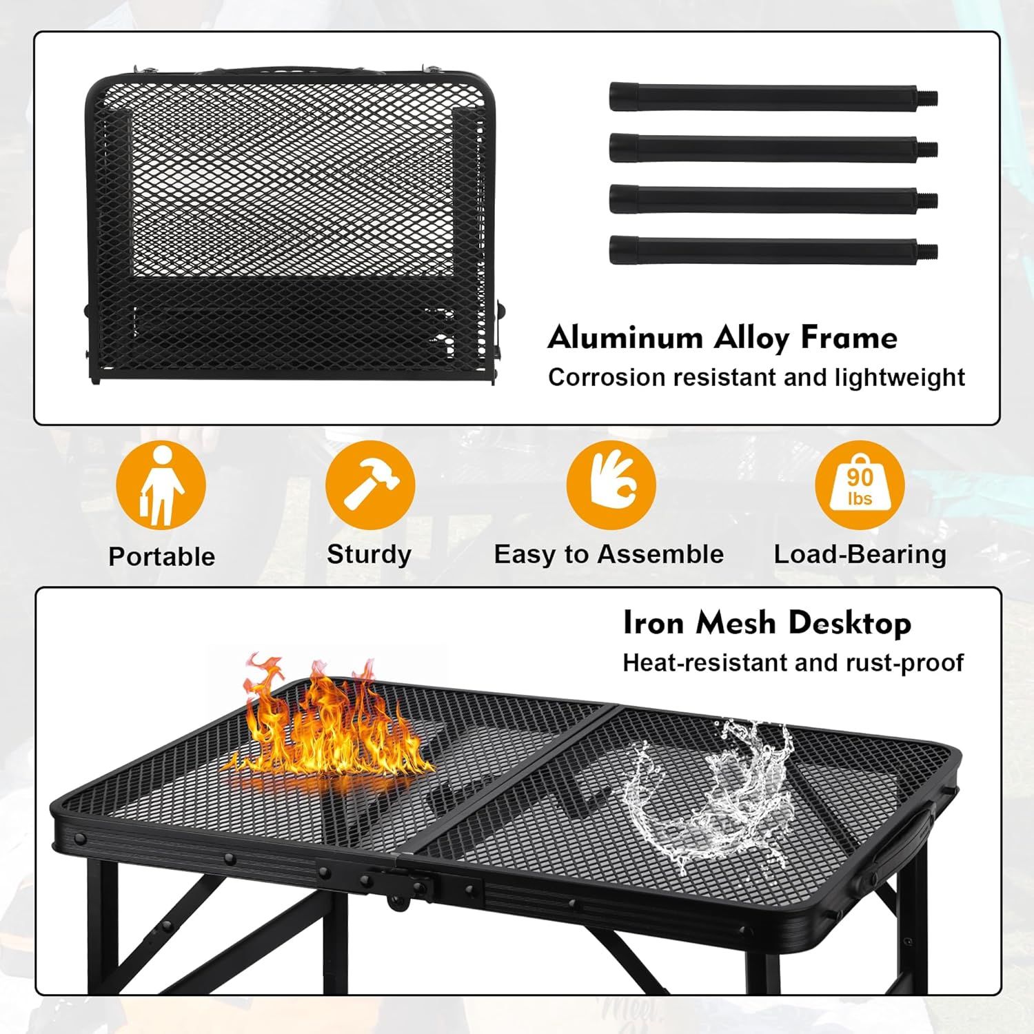 Camping Table with Mesh Desktop, Lightweight & Portable Small Folding Grill Table, Height Adjustable Metal Outdoor Table for Camp, Cooking, BBQ, RV, Picnic-2 FT Black - Image 4