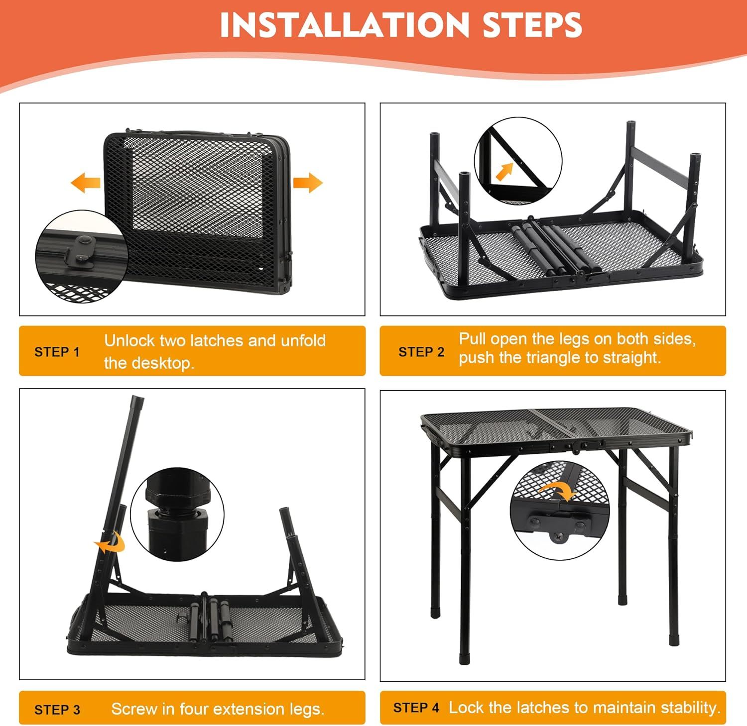 Camping Table with Mesh Desktop, Lightweight & Portable Small Folding Grill Table, Height Adjustable Metal Outdoor Table for Camp, Cooking, BBQ, RV, Picnic-2 FT Black - Image 6