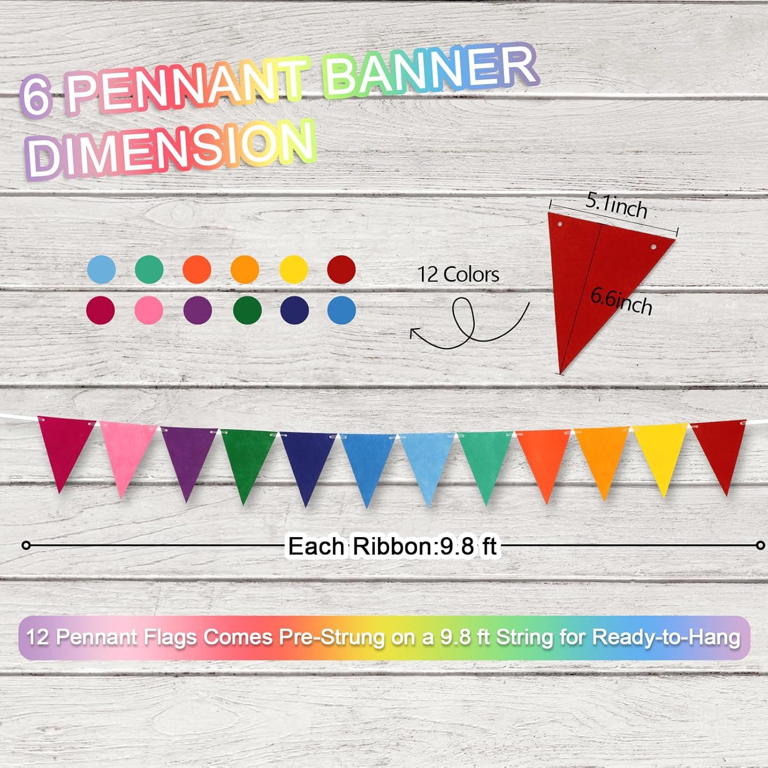 Pennant Banner Flags - 6-Pack Pre-Strung Rainbow Party Garland | Felt Triangle Bunting for Birthdays, Baby Showers, Weddings, Pride, Carnival and Festival Decorations - Image 3