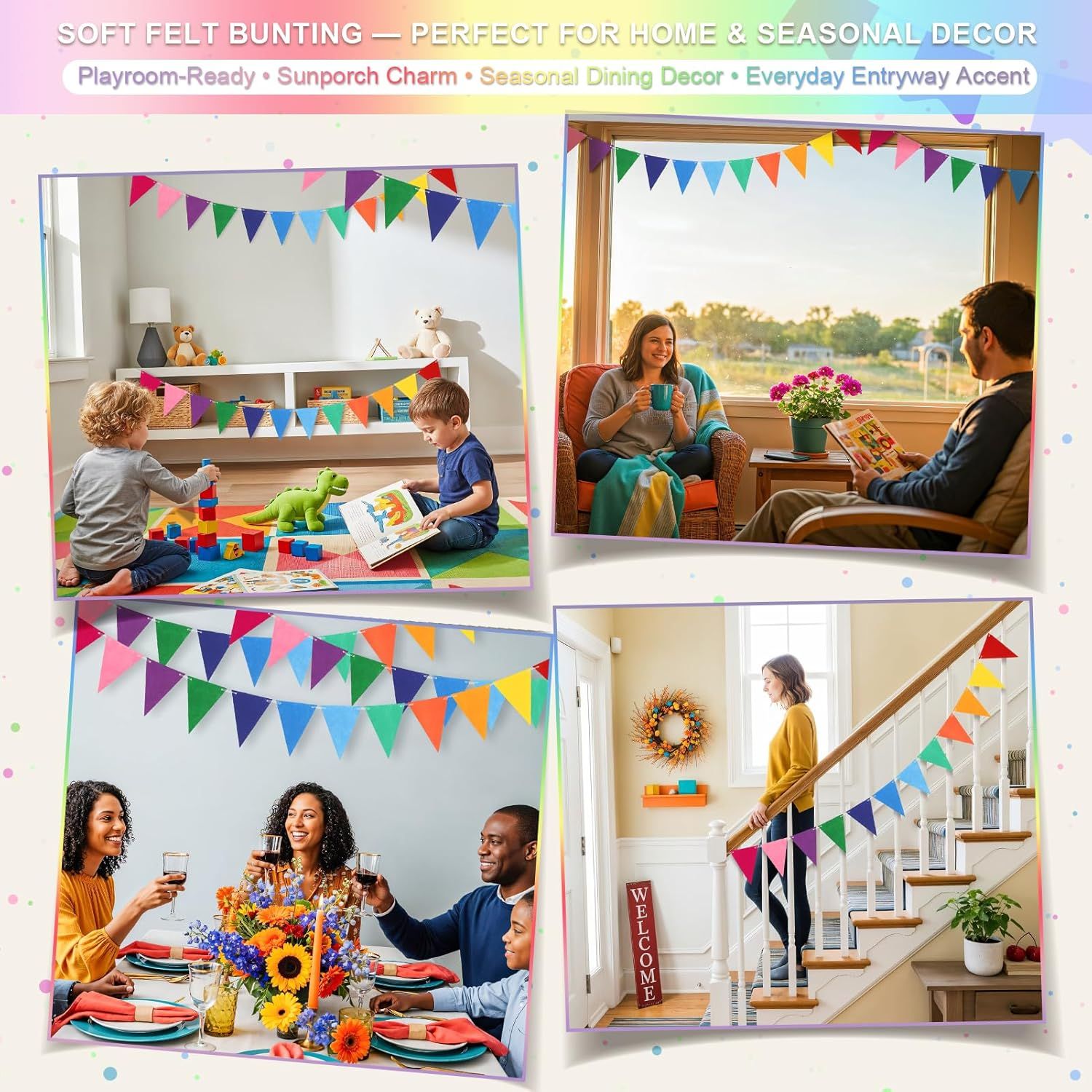 Pennant Banner Flags - 6-Pack Pre-Strung Rainbow Party Garland | Felt Triangle Bunting for Birthdays, Baby Showers, Weddings, Pride, Carnival and Festival Decorations - Image 7