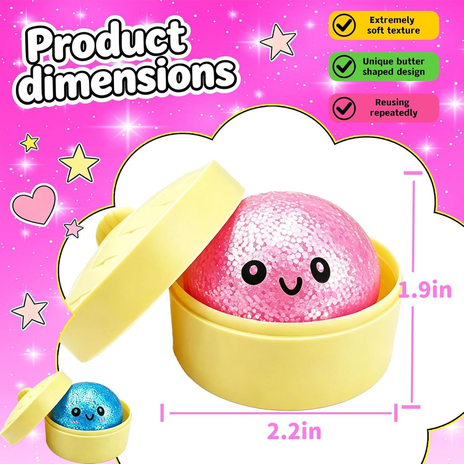 2PCS Mini Glitter Dumpling Squishy, 2026 Upgrade Dumling Mystery Box, Colorful Dumplings Stress Balls Fidget Sensory, Fidget Squeeze Toy for Holiday & Birthday Gifts (Blue+Pink) - Image 3