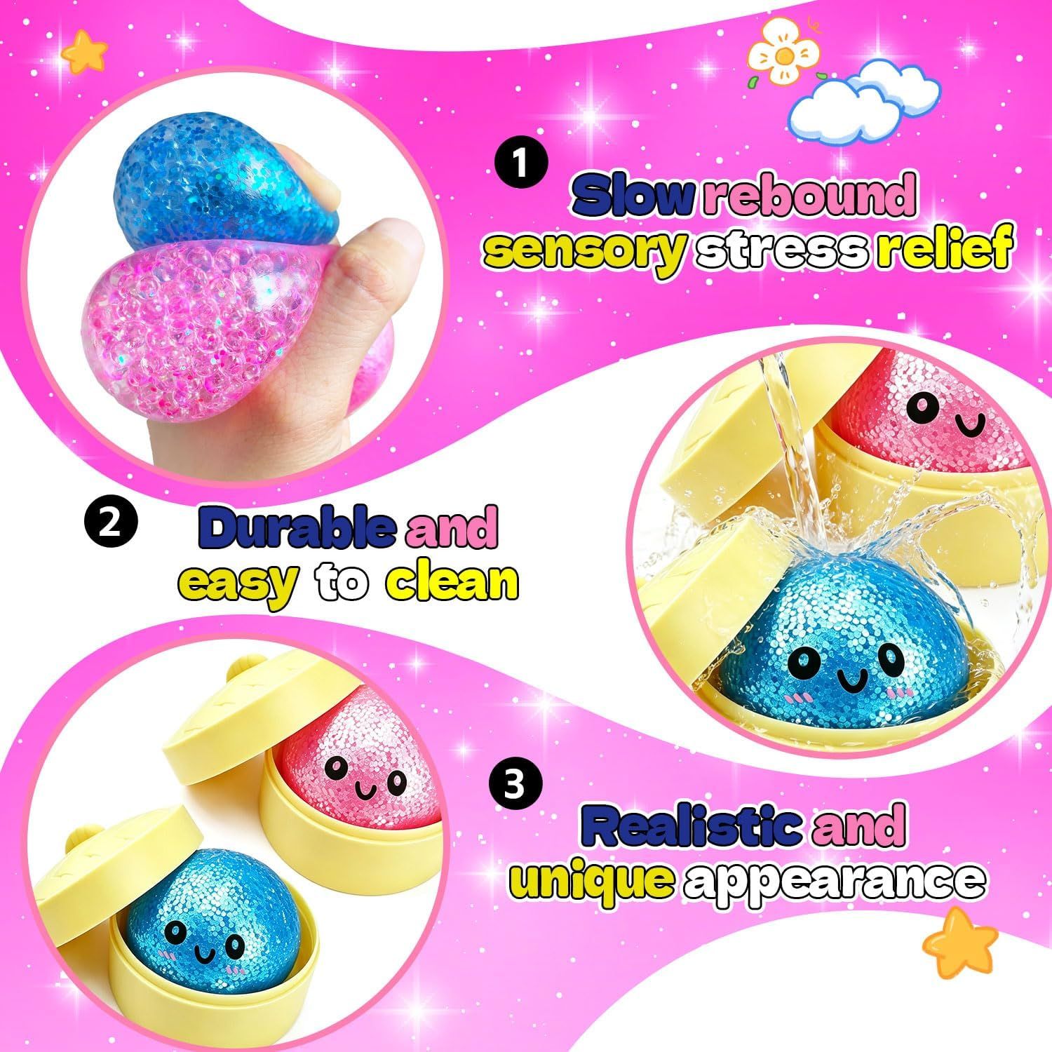 2PCS Mini Glitter Dumpling Squishy, 2026 Upgrade Dumling Mystery Box, Colorful Dumplings Stress Balls Fidget Sensory, Fidget Squeeze Toy for Holiday & Birthday Gifts (Blue+Pink) - Image 5