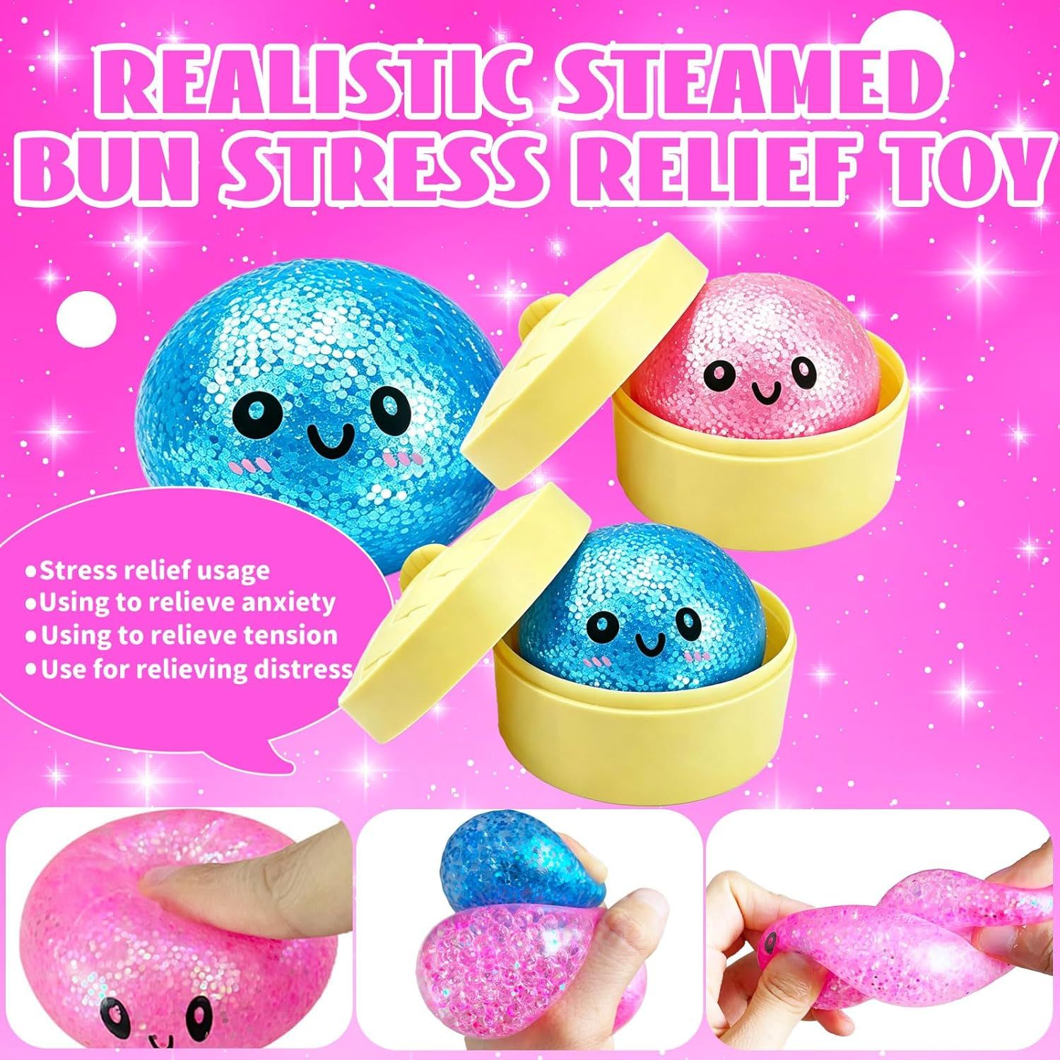 2PCS Mini Glitter Dumpling Squishy, 2026 Upgrade Dumling Mystery Box, Colorful Dumplings Stress Balls Fidget Sensory, Fidget Squeeze Toy for Holiday & Birthday Gifts (Blue+Pink) - Image 6