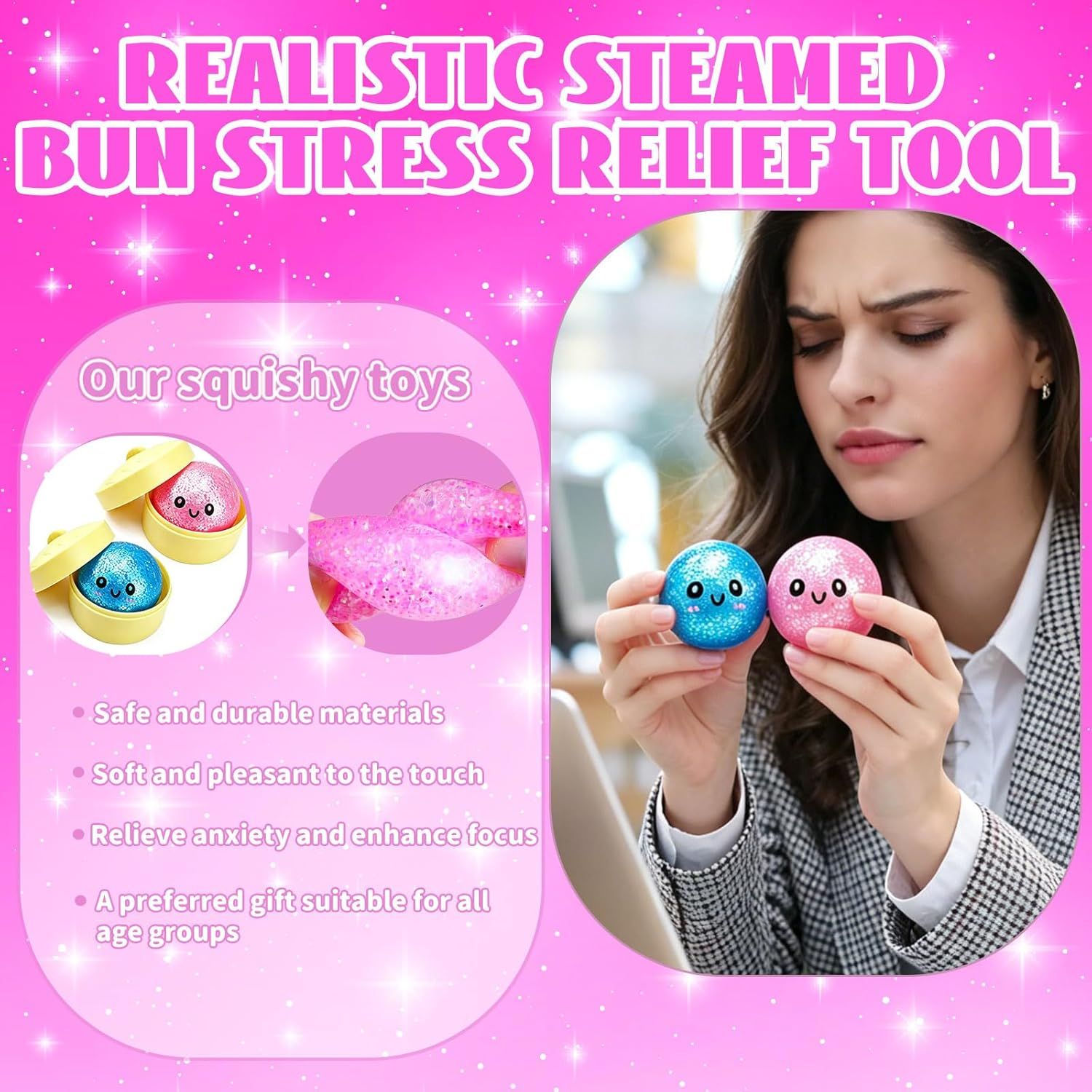 2PCS Mini Glitter Dumpling Squishy, 2026 Upgrade Dumling Mystery Box, Colorful Dumplings Stress Balls Fidget Sensory, Fidget Squeeze Toy for Holiday & Birthday Gifts (Blue+Pink) - Image 7