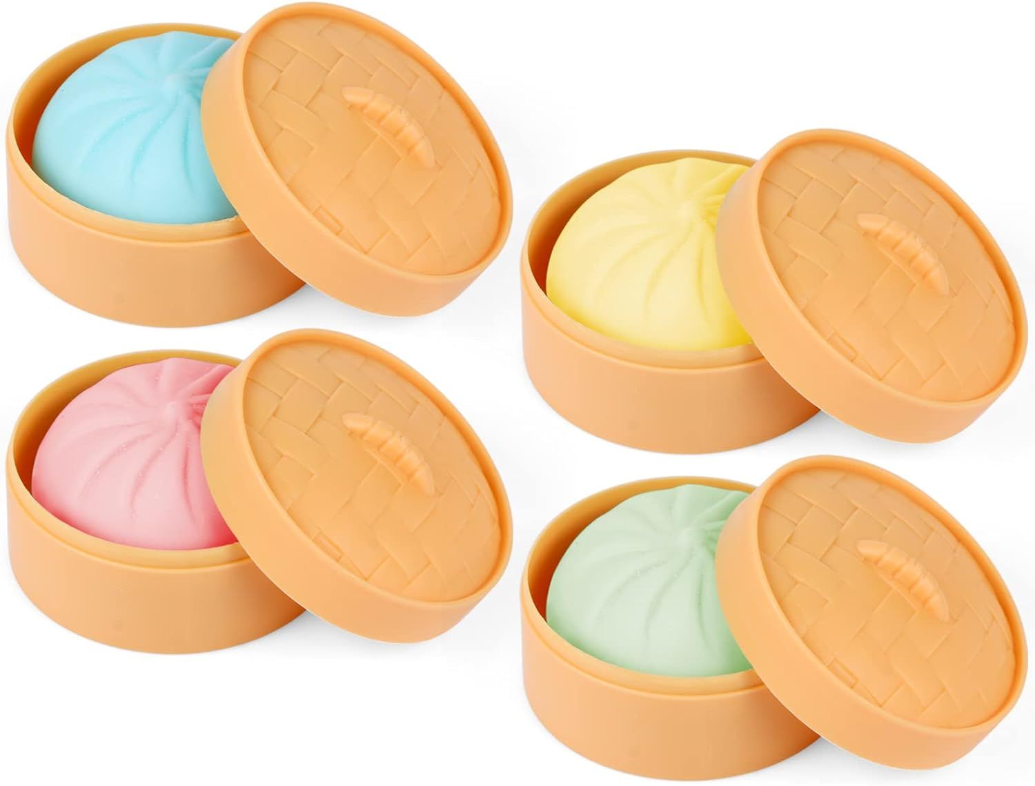 4 PCS Colorful Dumpling Stress Balls Fidget Sensory Toy,Squeeze Dough Ball Stress Relief Hand Toy,Bun with Food Steamer Stretchy Desk Toys - Image 2