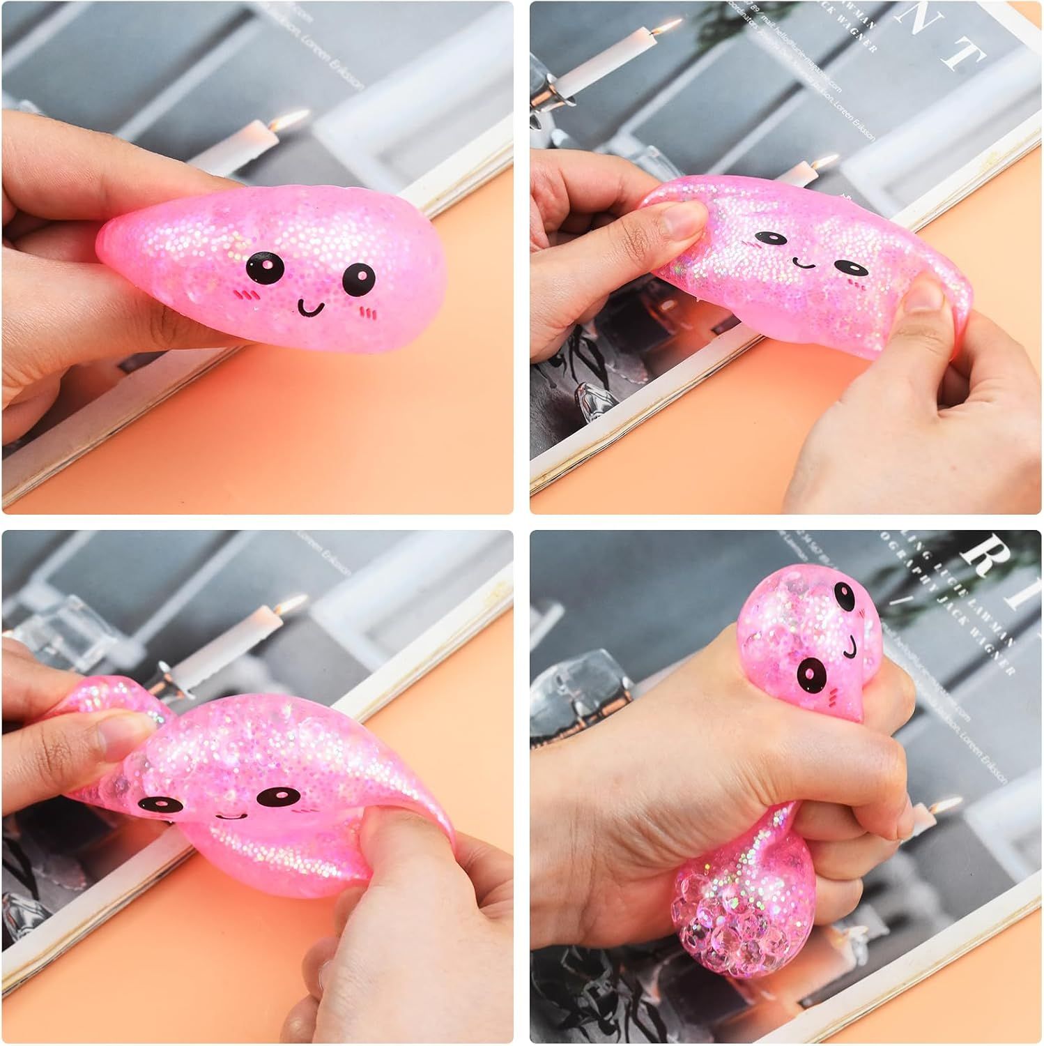 6 PCS Glitter Smiling face Colorful Dumpling Stress Balls Fidget Sensory Toy,Squeeze Dough Ball Stress Relief Hand Toy,Bun with Food Steamer Stretchy Desk Toys - Image 4